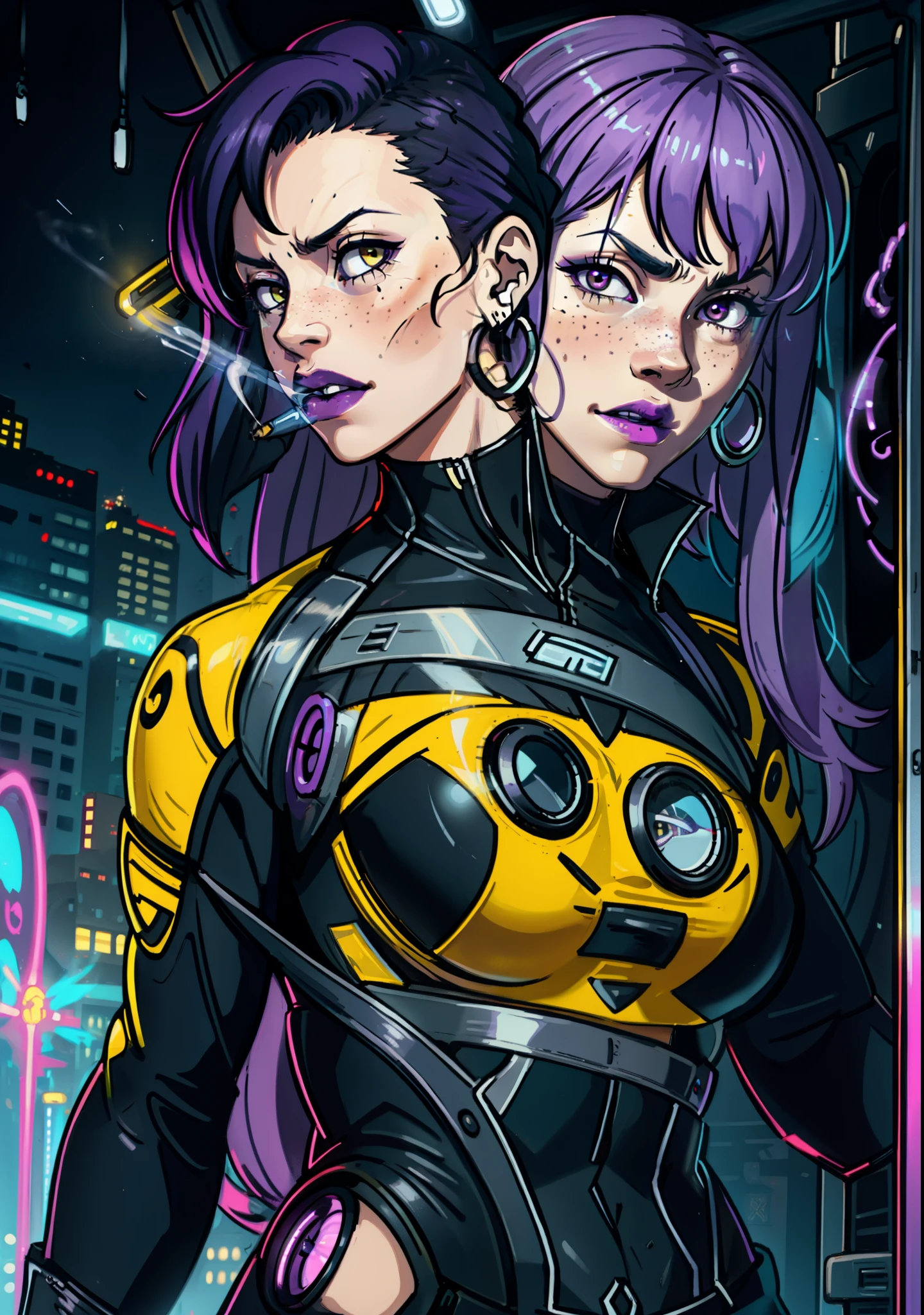 1girl, solo, colorful, yellow eyes, cyberpunk, modern, futuristic, magic, car, train, city, peace sign, earrings, purple hair, neon lights, highlights, reflection, rectra, freckles, prosthesis, mechanics, neon, beautiful lighting, purple reflection, cap, smoking, character focus, cg illustration, bust shot, yellow and black outfit, black hair, cannabis, smoke, euphoria, energy