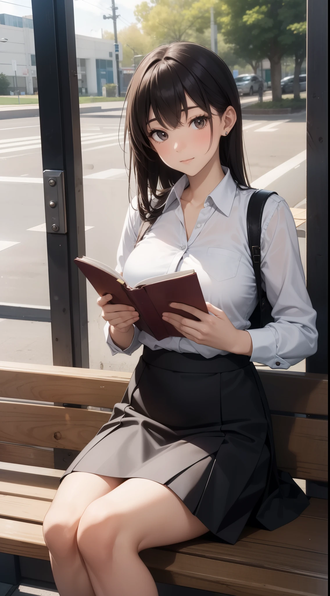 A lovely 35-year-old lady wearing a business suit and tight skirt is sitting on a horizontal wooden bench at the station, reading a book.