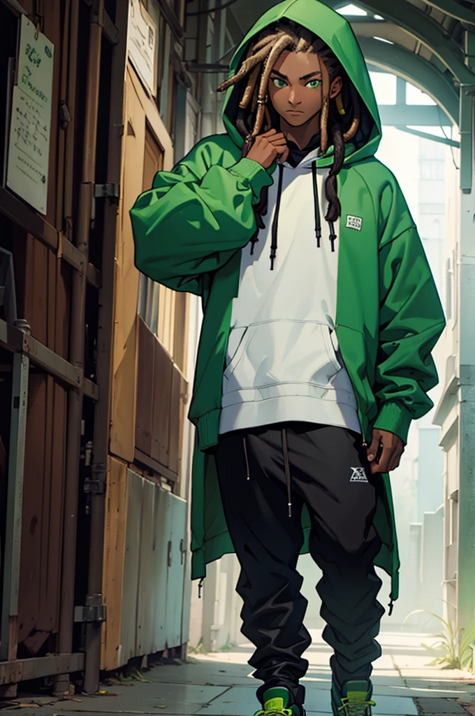 ((Best quality)), ((masterpiece)), top quality), standing alone, dark-skinned, wearing, black dreadlocks, green hoodie with hood over head, green eyes, male, green shoes