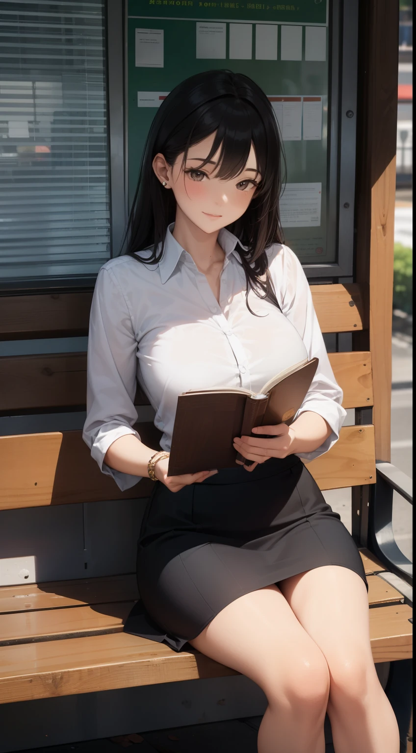 A lovely 35-year-old lady wearing a business suit and tight skirt is sitting on a horizontal wooden bench at the station, reading a book.