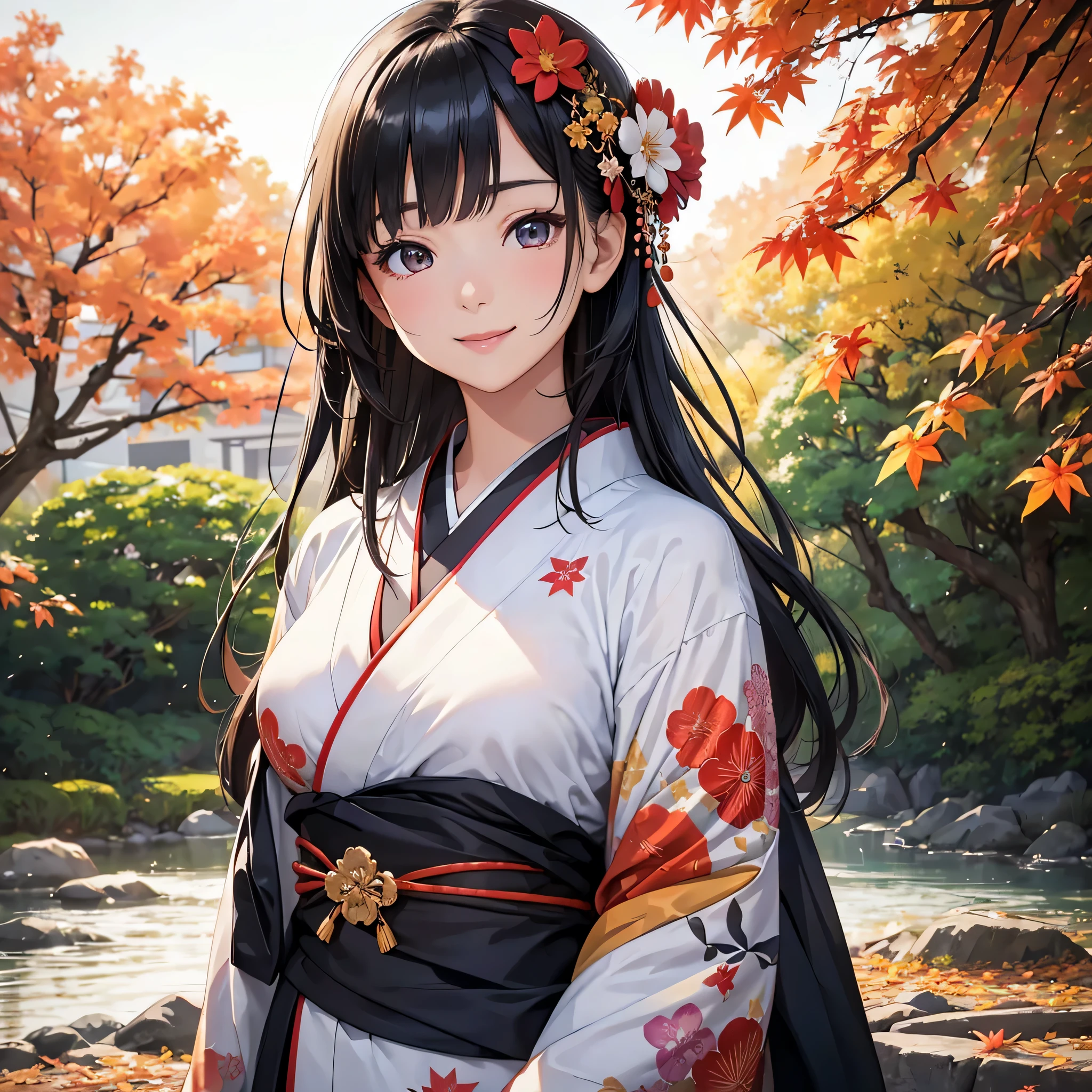 (Super beautiful woman in kimono)、((highest quality、8K masterpiece:1.3))、sharp focus:1.2、(super beautiful face:1.0)、(shiny skin:1.0)、realistic pictures、black haired、video writing、High resolution eyes and face、video writing、japanese actress、from the front、Medium chest、with a happy smile、wearing a kimono、under the autumn leaves、highest grade obi