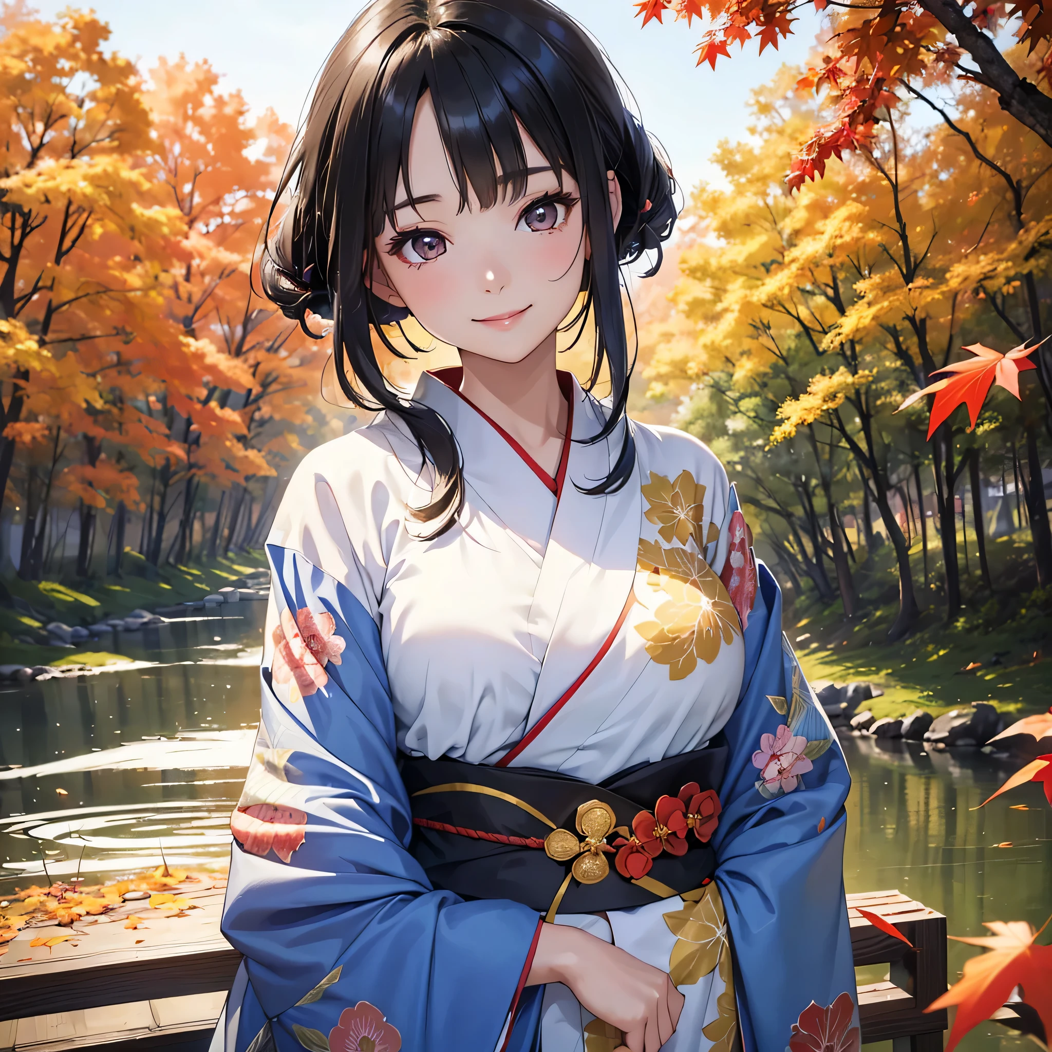 (Super beautiful woman in kimono)、((highest quality、8K masterpiece:1.3))、sharp focus:1.2、(super beautiful face:1.0)、(shiny skin:1.0)、realistic pictures、black haired、video writing、High resolution eyes and face、video writing、japanese actress、from the front、Medium chest、with a happy smile、wearing a kimono、under the autumn leaves、highest grade obi