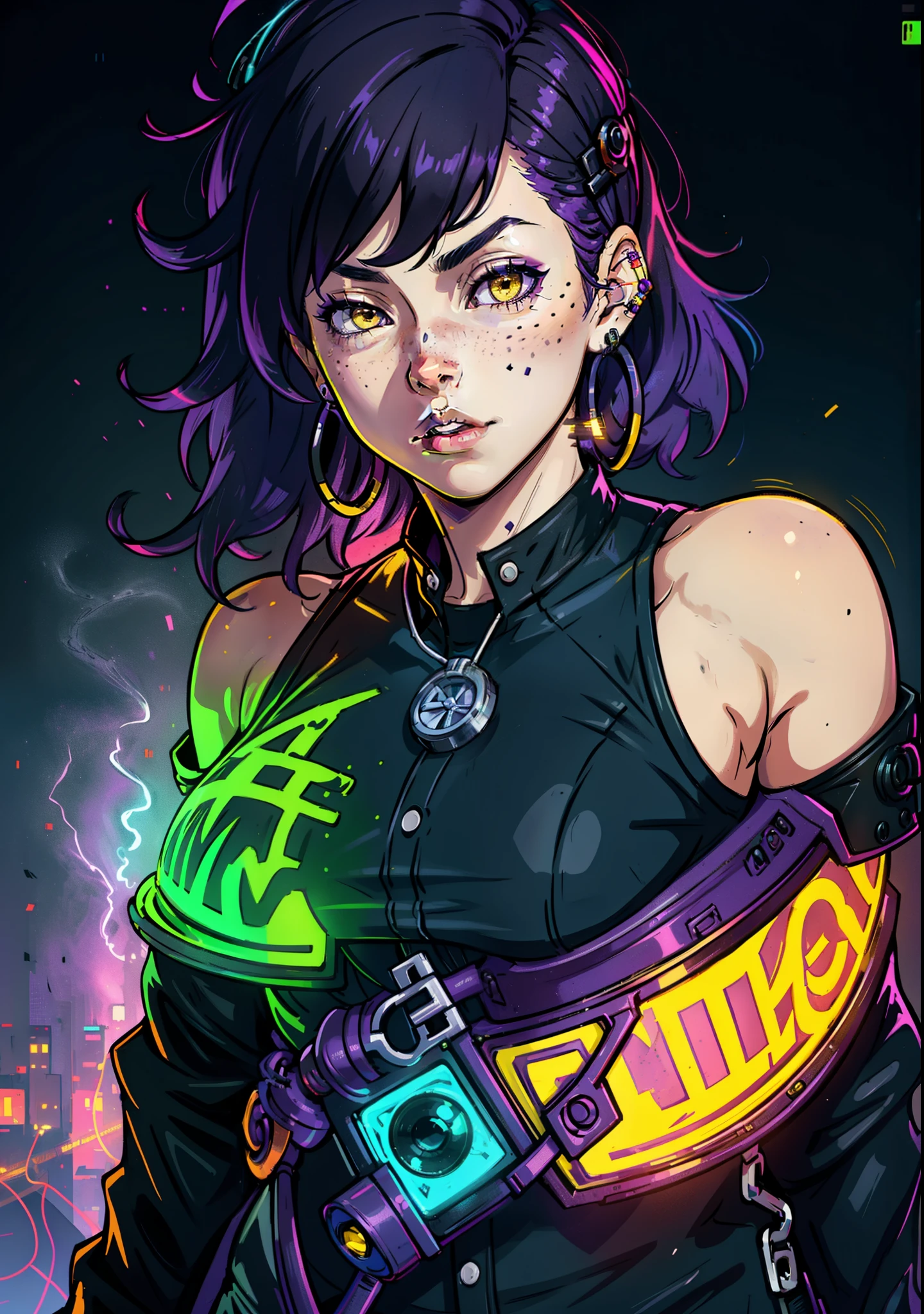 1girl,solo,colorful,yellow eyes,cyberpunk,city,peace sign,earrings,purple hair,eye patche,freckles,prothesis,mechanic,neon,beautiful lighting,purple reflection,cap,smoking,character focus,cg illustration,bust shot,yellow and black outfit,black hair,