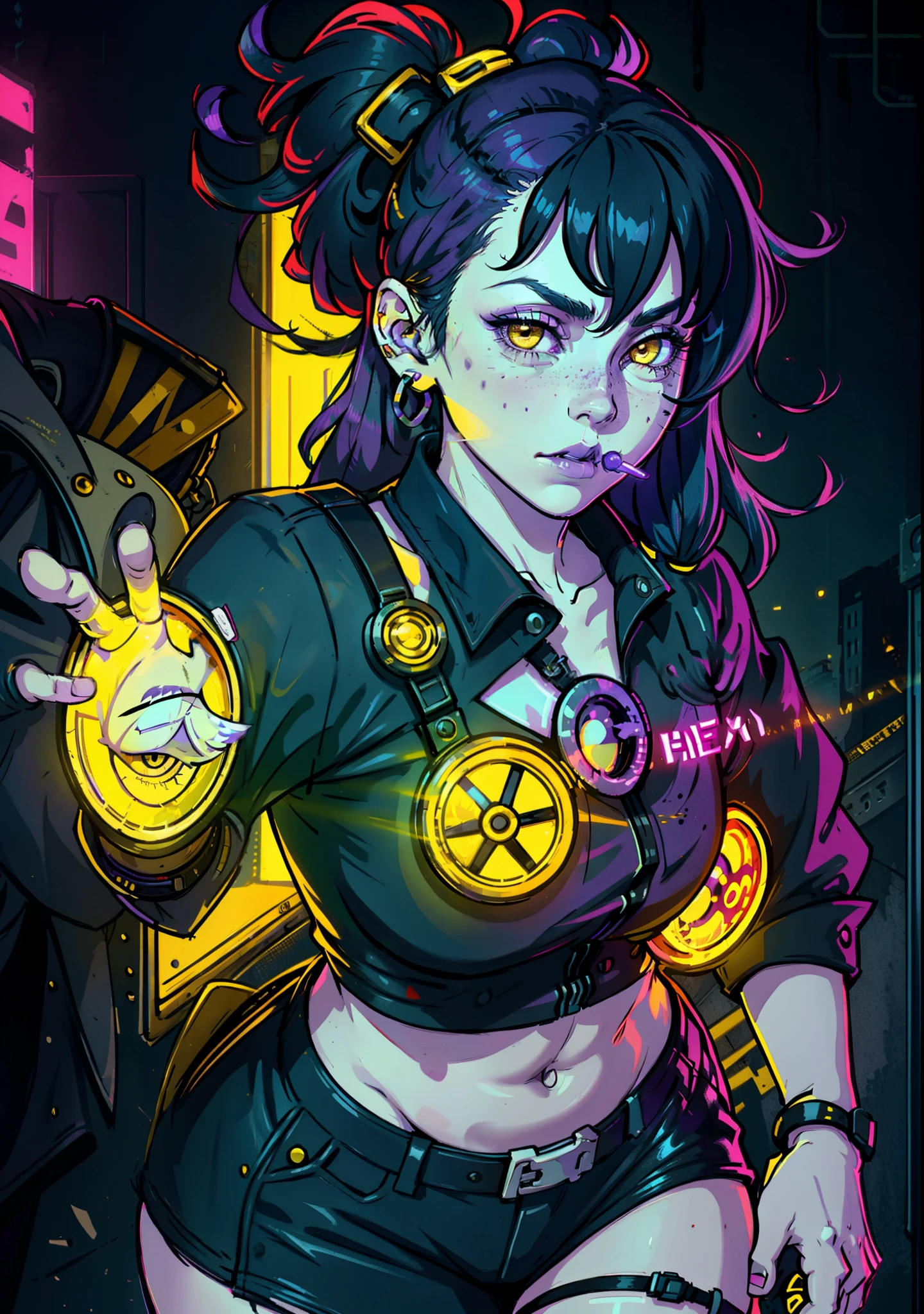 1girl,solo,colorful,yellow eyes,cyberpunk,city,peace sign,earrings,purple hair,eye patche,freckles,prothesis,mechanic,neon,beautiful lighting,purple reflection,cap,smoking,character focus,cg illustration,bust shot,yellow and black outfit,black hair,