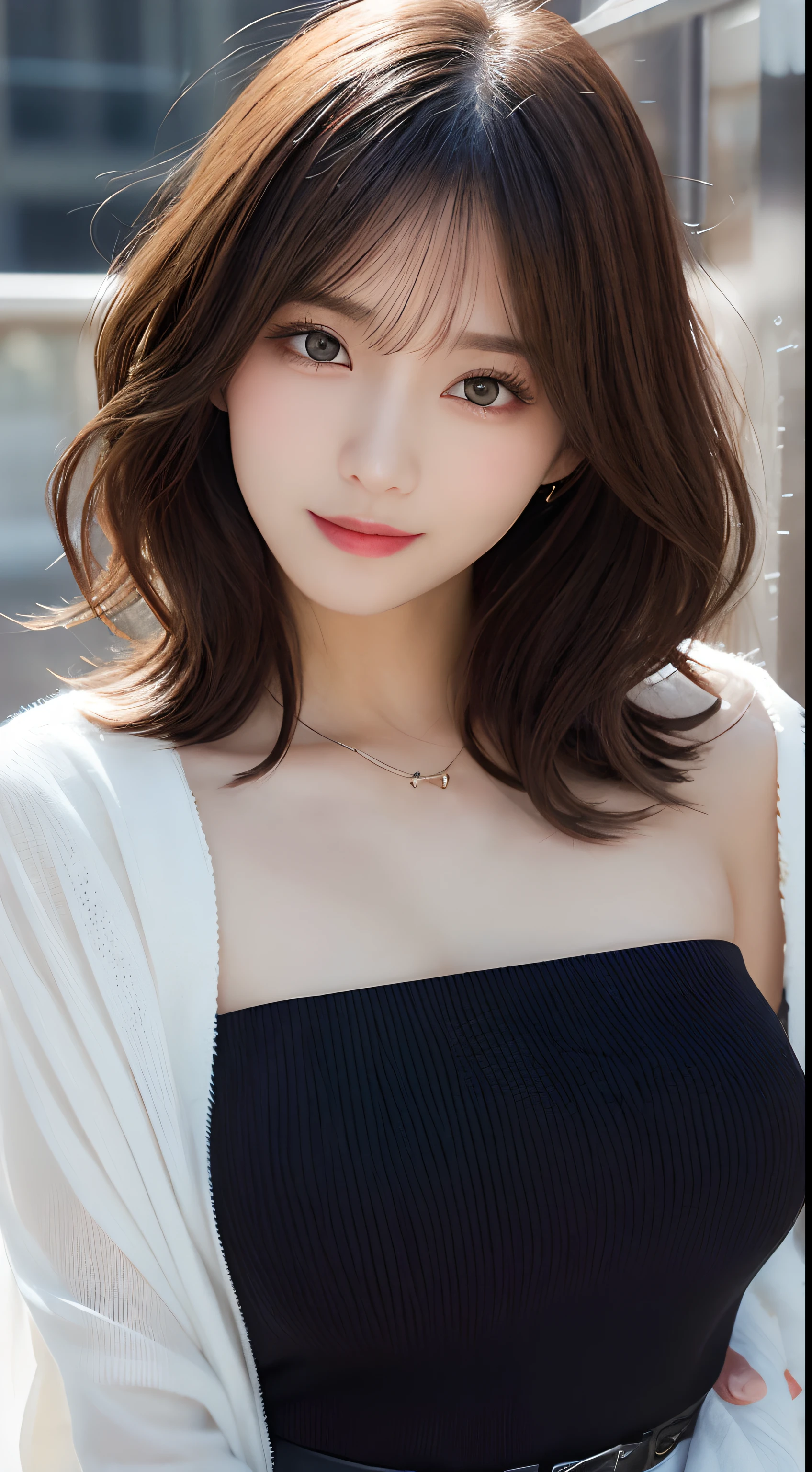 masutepiece, Best Quality, Illustration, Ultra-detailed, finely detail, hight resolution, 8K Wallpaper, Perfect dynamic composition, Beautiful detailed eyes, Women's Fashion Summer,Medium Hair,Small breasts natural color lip, Bold sexy poses,Smile,Shibuya、20 years girl、Cute、Sexy shot looking at camera、Idle Pose