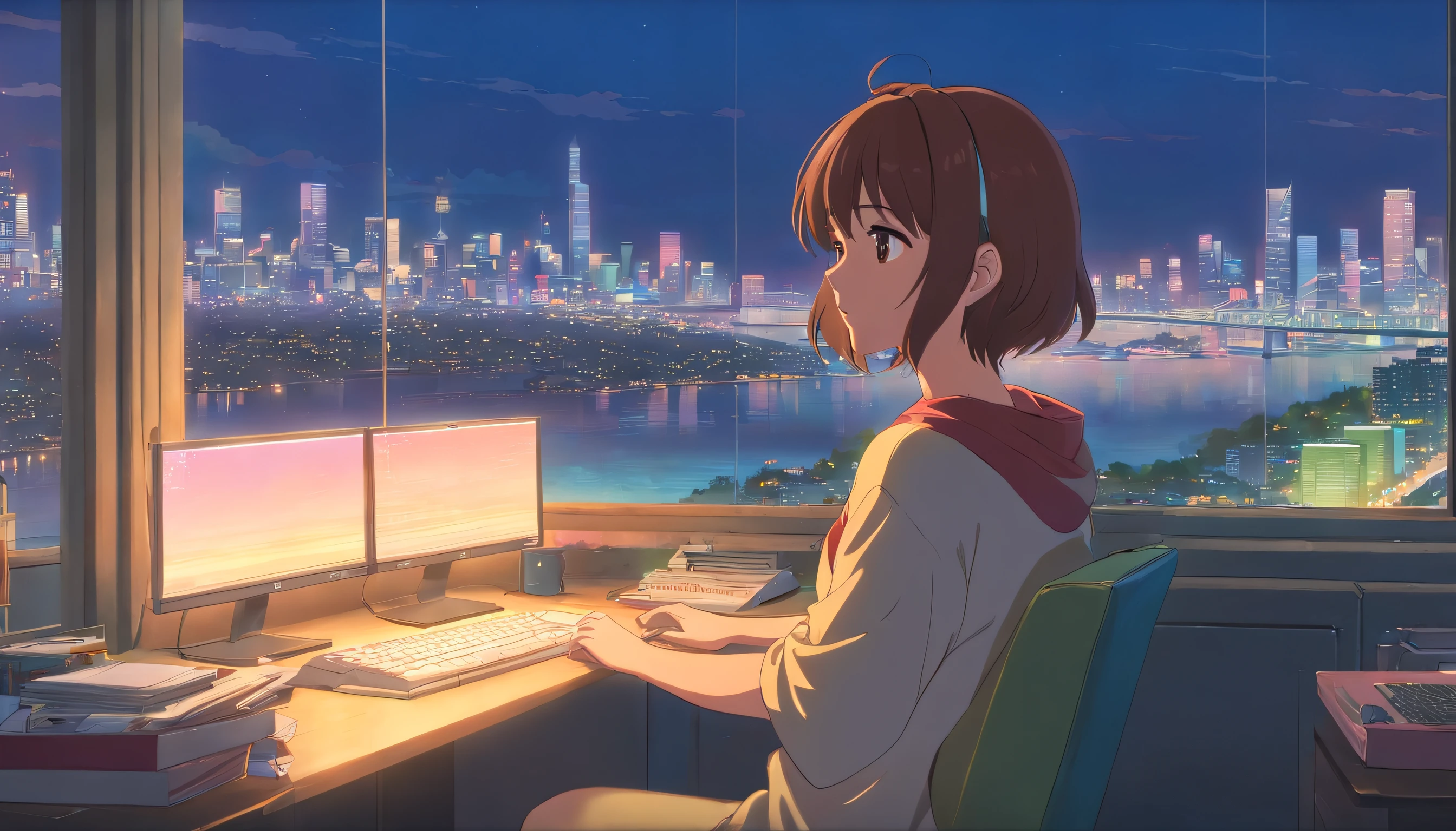 portlate、512、lo-fi、Girl in headphones sitting on a chair、Napping at your desk、Eyes closed、City view outside the window、early evening、PastelColors、Painting