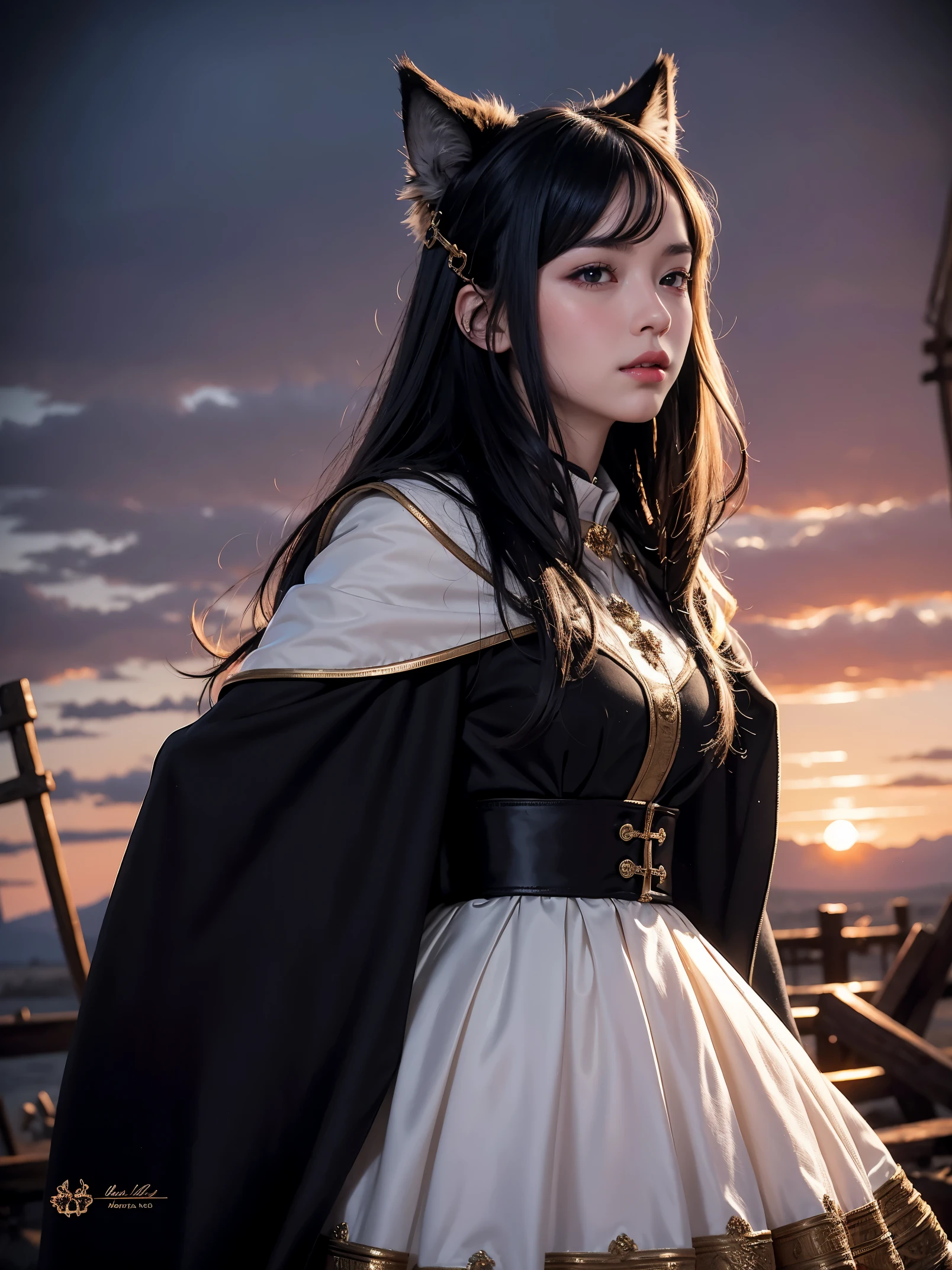 Don't starve style, masterpiece, best quality, Super detailed, illustration, 1 girl, long black hair, Eyes are red, wolf ears, black cloak, puffy collar, Sunset