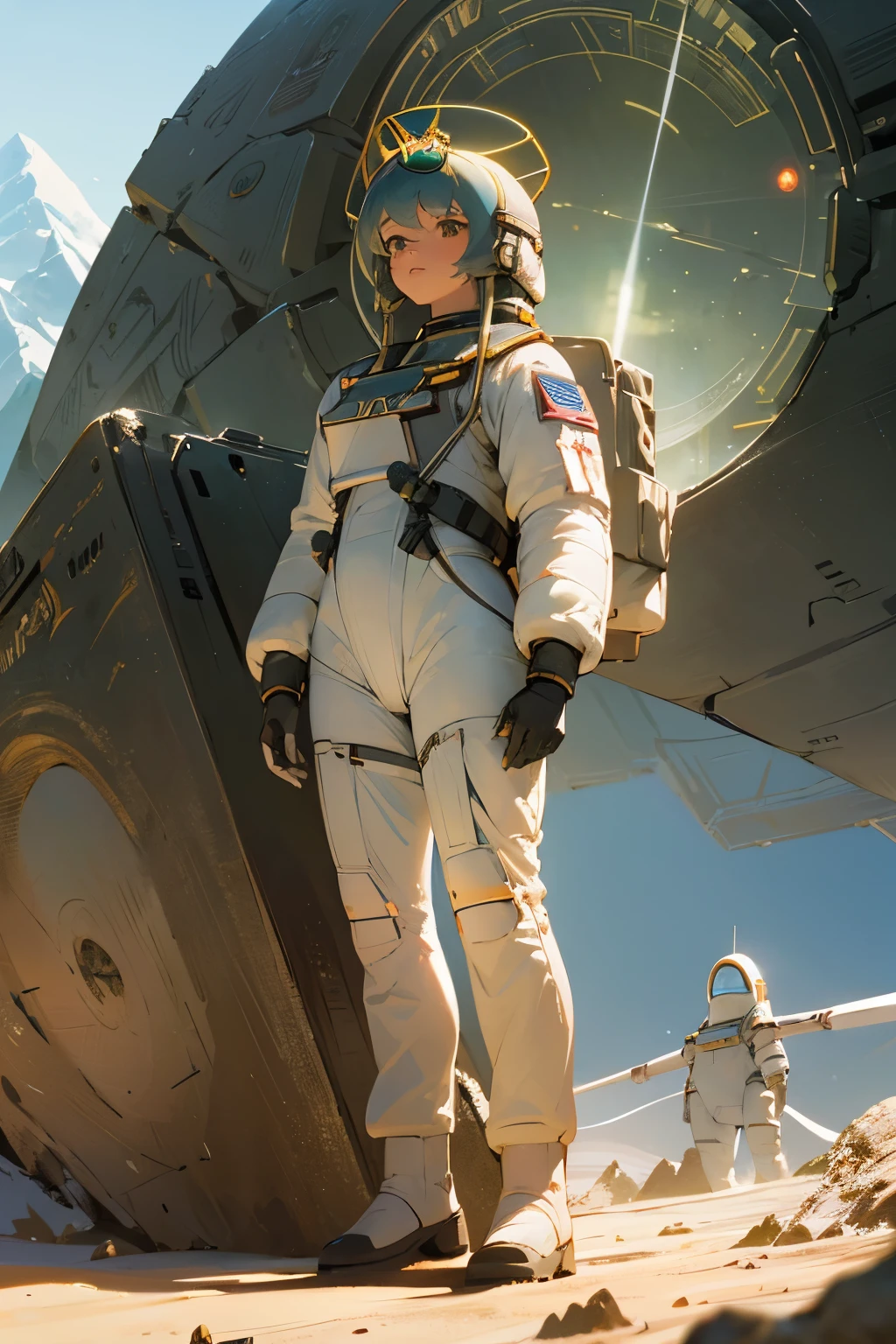 Award-winning (whole body:0.8) (portrait photo:1.3) of a young woman (Science fiction astronauts:1.3) with a (army:1.4), (stargate:1.4), Gaze upon a verdant alien planet, (Mountain:1.2) (tall grass:1.4), rock, fluffy clouds in the sky, Popular topics on Artstation, Very detailed, fine details, complex, (lens flare:0.6), (backlight:0.8), (bloom:0.8), shallow view deep