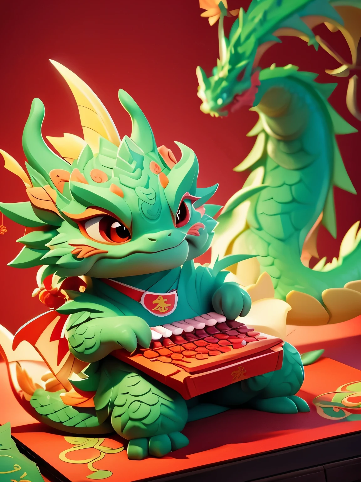 The cute little dragon is typing code in front of，Programmer nature，Cartoon image，Oriental Dragon，Dragon IP image，Character illustration，Spring Festival red envelopes，Spring Festival elements，Master quality，HD quality，illustration