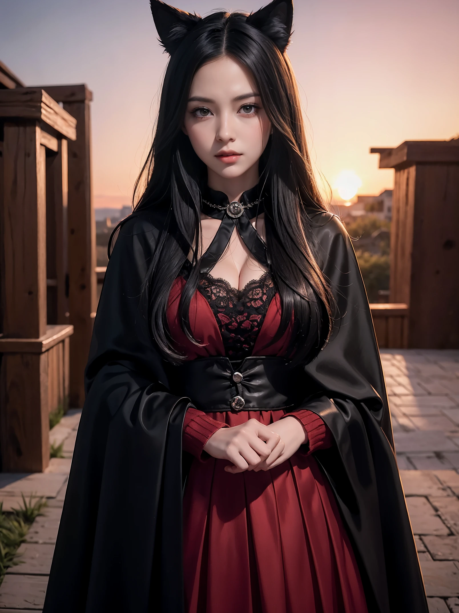 16k, best quality, extremely detailed, ultra quality, ultra highres, masterpiece, beautiful, Raw Photo, beautiful girl, girl dressed in a vampire costume with a red vest and black cape, with cape, high quality costume, wearing black clothes and cape, large cape, vampire, long cape, with a long black cape, pale skin, Church at night
