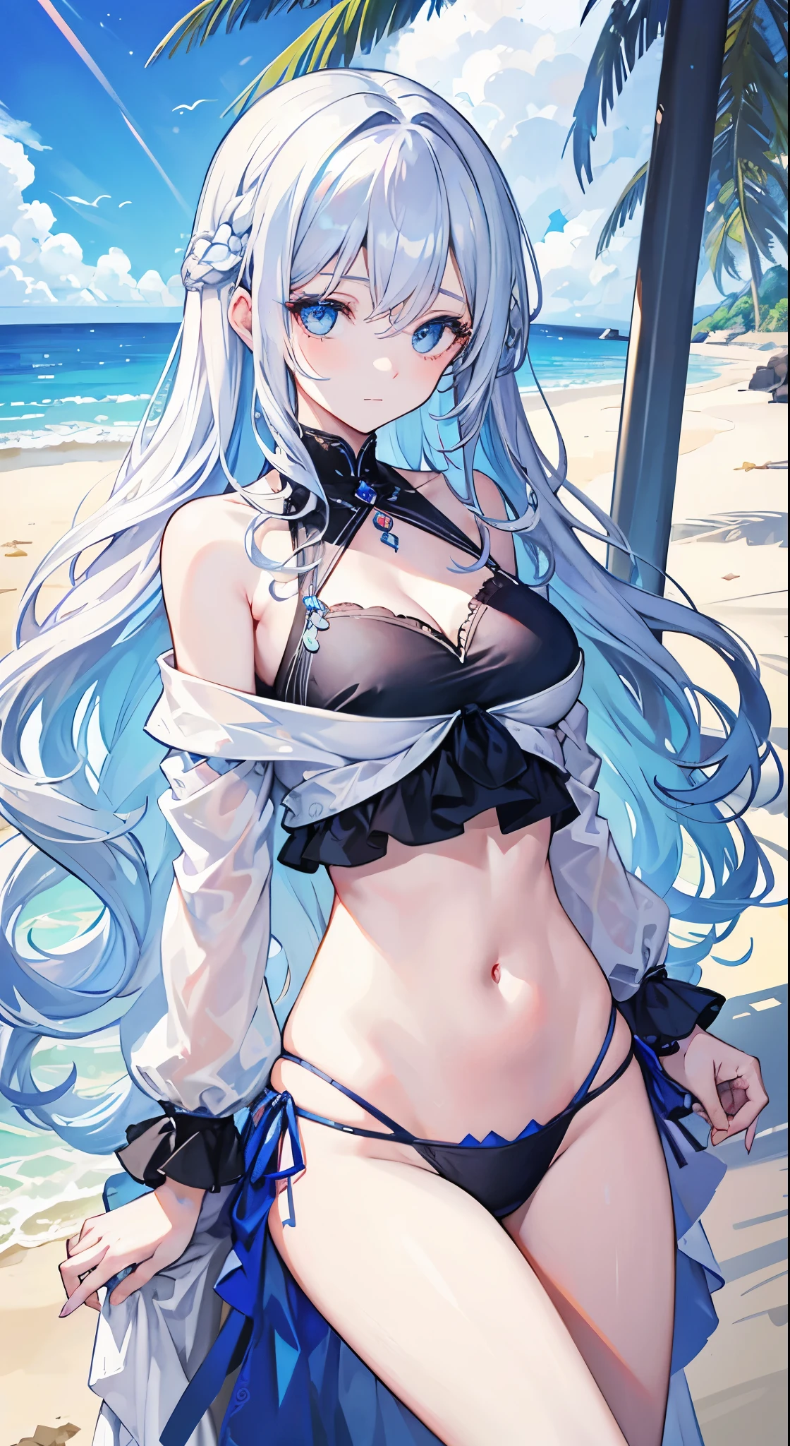 masterpiece, best quality, permanent, Liselotte Credia, faint smile, long white hair, curls, Bangs, hair between eyes, hairpin, blue eyes, (blue hair:1), black bikini, beach 