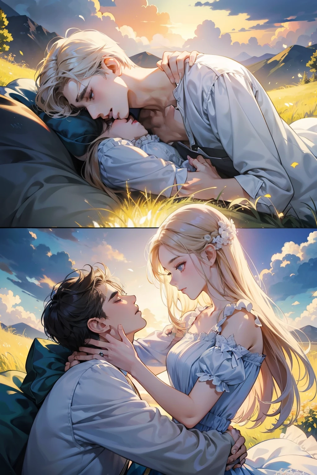 A Love Story in the Clouds, a masterpiece in the world of romance photography. This ultra high-resolution image captures every intricate detail with the utmost precision. The scene unfolds in a dreamy atmosphere, as if bathed in a ray of soft sunlight. The background, meticulously crafted, showcases a picturesque sky adorned with fluffy white clouds, evoking a sense of serenity and enchantment.

In the center of this ethereal setting, a young couple in love is depicted. The man and the woman, their faces filled with joy and affection, are engaged in a tender embrace. Their eyes, so detailed and expressive, reveal the depth of their emotions, radiating a pure and genuine love. The artist has skillfully highlighted the contours of their skin