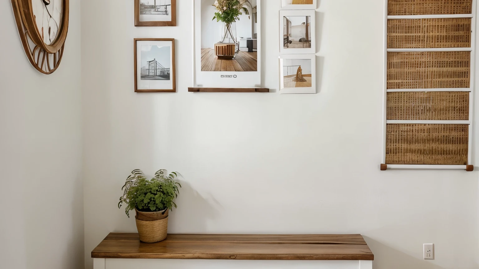 Wooden bench against white wall with poster frame. Ethnic farmhouse interior design of modern entrance hall.