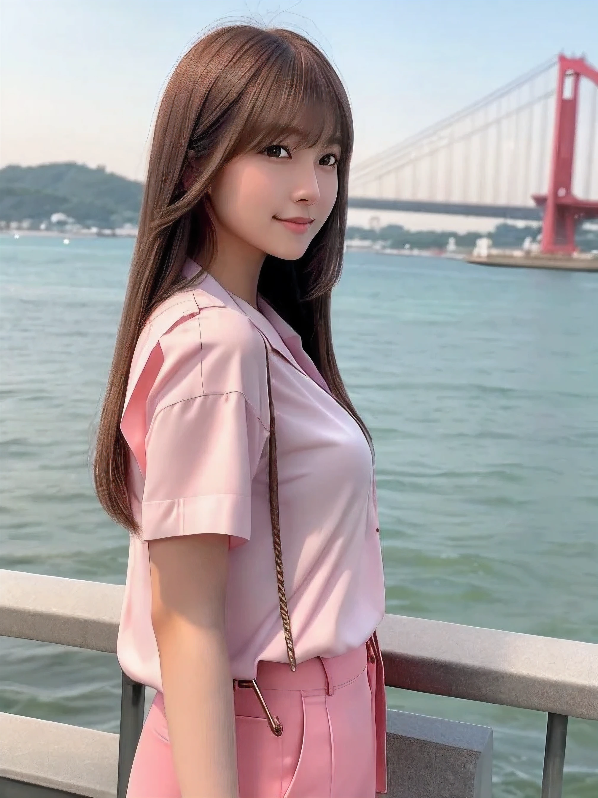 product quality, 1 girl per 1 photo, upper body shot, front view, a Japanese young pretty girl, long bob hair, wearing a marriage ring, night time, wearing a short sleeves collared pink blouse, wearing light brown pants, standing at a crowded wharf with a big smile, staring at the night view over the sea, a shoulder bag, hyper cute face, glossy lips, double eyelids for both eyes, natural makeup, shiny smooth light brown hair of long bob hair, asymmetrical bangs, tanned skin, central image, 8K resolution, high detail, detailed hairstyle, detailed face, cinematic lighting, octane rendering, hyper realistic, perfect limbs, perfect anatomy
