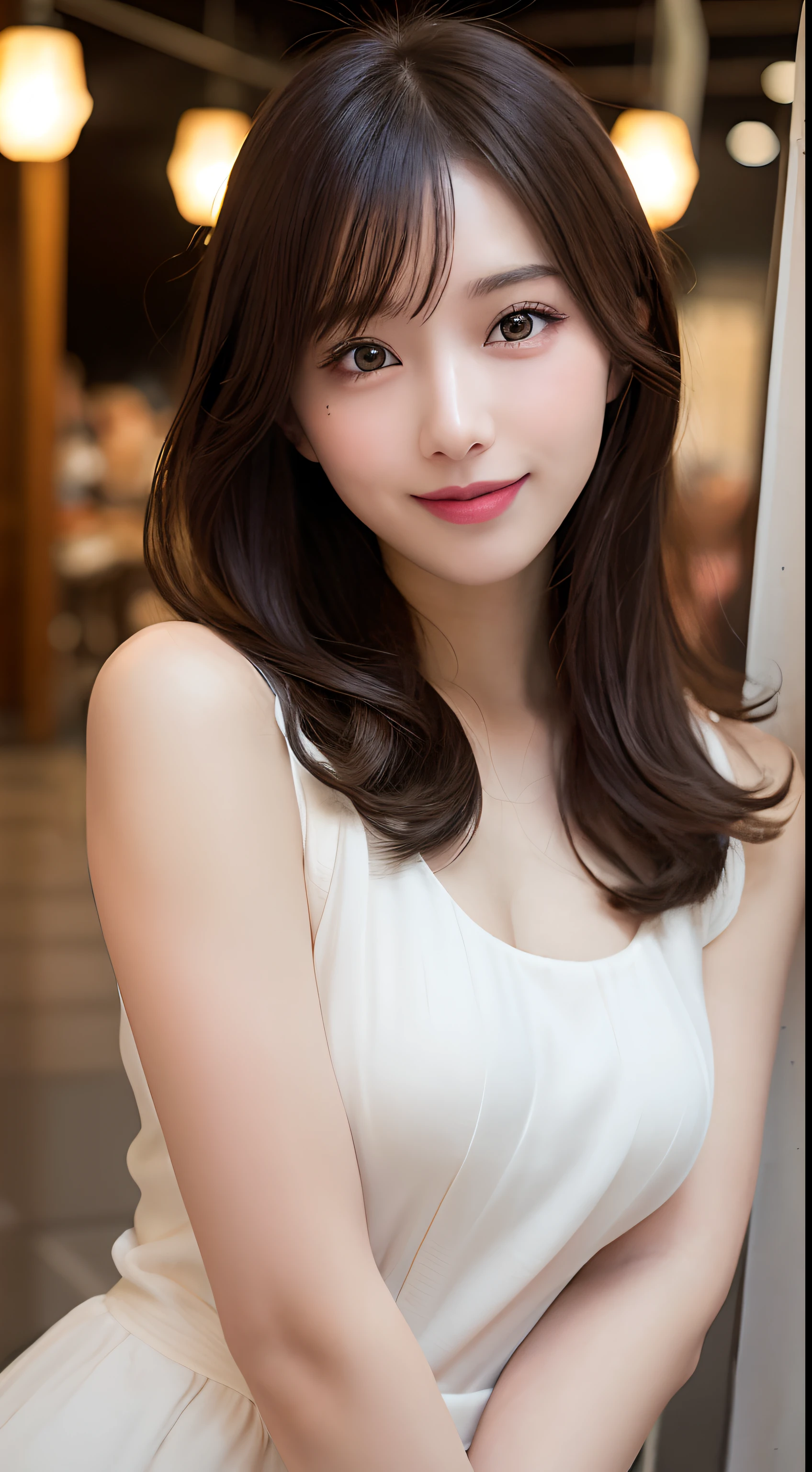 masutepiece, Best Quality, Illustration, Ultra-detailed, finely detail, hight resolution, 8K Wallpaper, Perfect dynamic composition, Beautiful detailed eyes, Women's Fashion Summer,Medium Hair,Small breasts natural color lip, Bold sexy poses,Smile,Harajuku、20 years girl、Cute、Sexy shot looking at camera