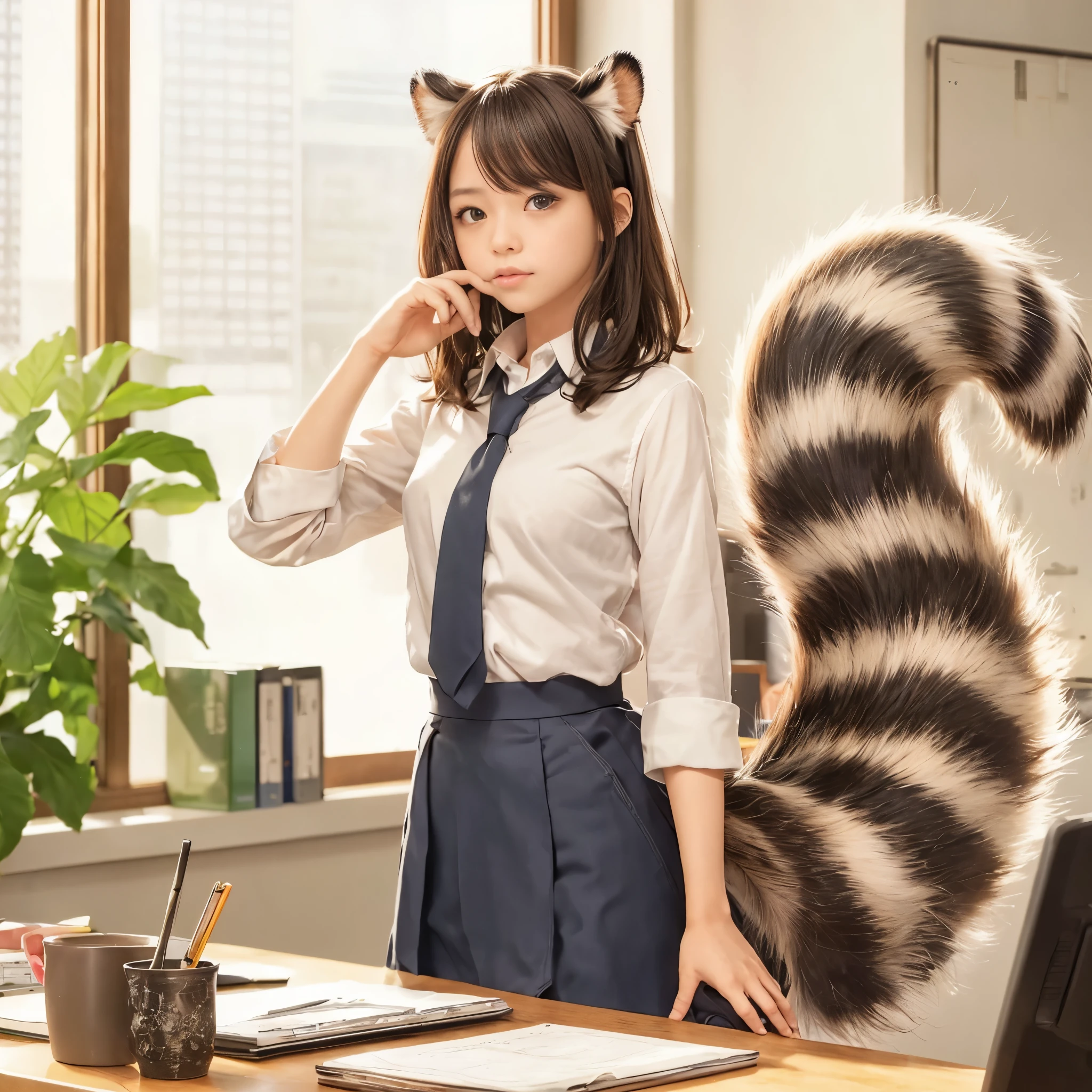 a woman standing in front of a desk with a tanuki tail,  (software) safe for work, on pixiv, fur with tail, software version, coworkers, realistic style, , realistic style , two beautiful girls, photograph, 最high quality, (Her skirt is flipped up and her tail is visible.:1.8) ,Reality, small breasts, slender, white panties,tail from above panties, Tail from inside the skirt, bushy tail, realistic tail, High floor office in Tokyo, flat chest, (software) safe for work, nffsw, retina, muste piece, Accurate, anatomically correct, super detail, advanced details, high quality, 最high quality, High resolution, 1080p, 4k, 8K, The tail is sticking out from inside the skirt, long tail
