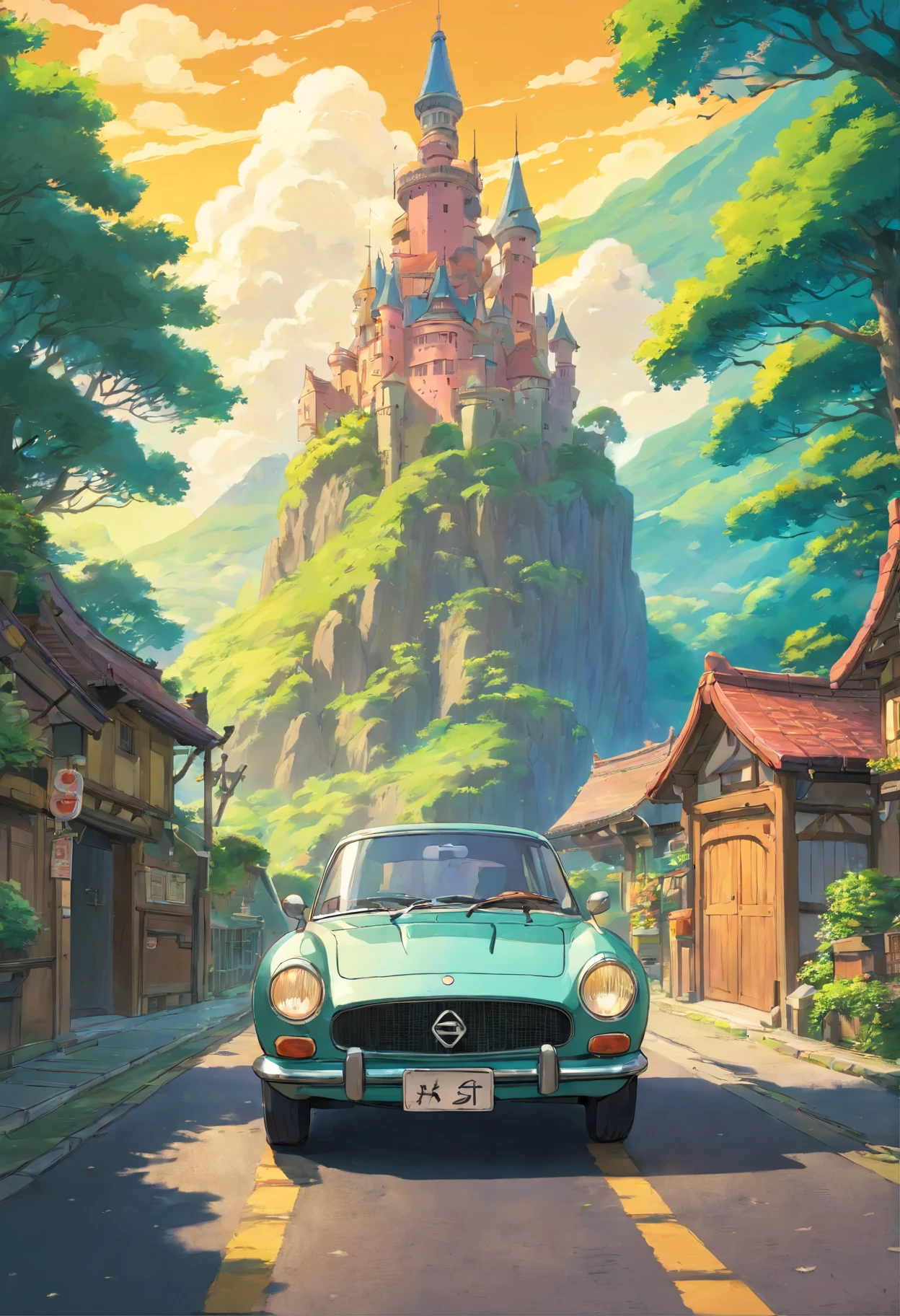 illustration，fantasy background，car