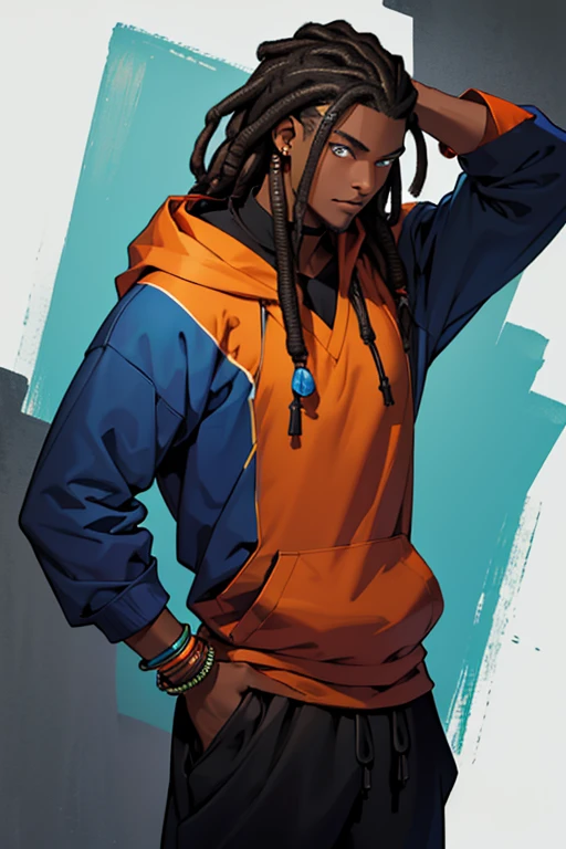 ((Best quality)), ((masterpiece)), top quality), standing alone, dark-skinned, wearing, black dreadlocks, blue hoodie, black joggers, male, monk beads on arm, blue eyes beaded bracelets, monk background