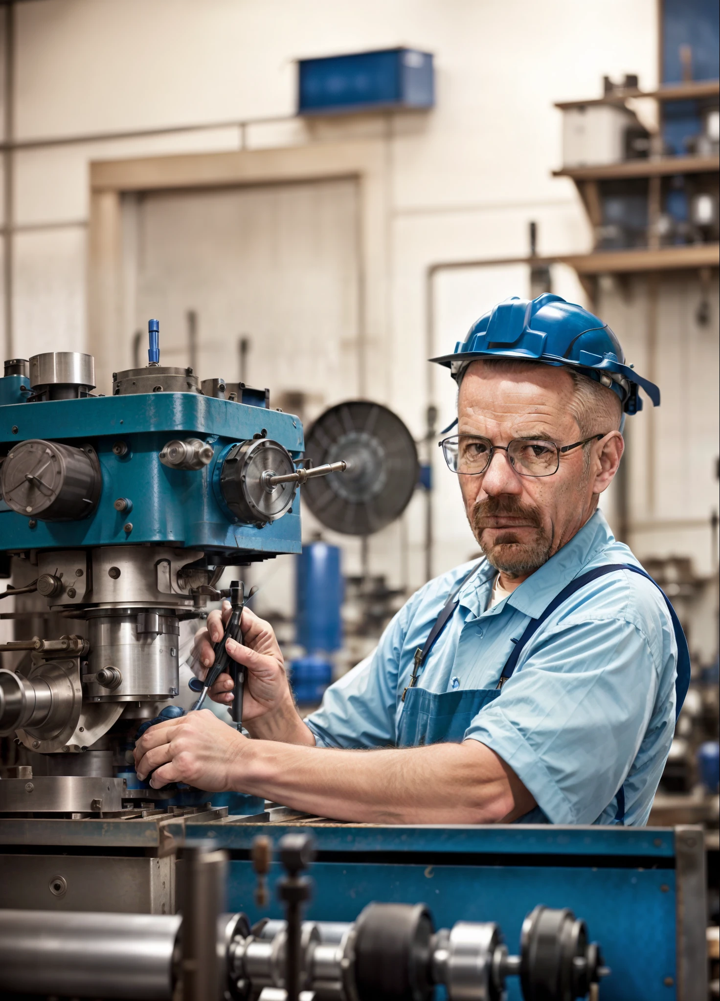 arafed man working on a machine In the workshop with a blue background, Advanced technology, advanced technologies, illustration, maintain, Skillful, small manufacturing, People at work, maintain photo, professional work, professional, In the workshop, photo, nipple process, artistic interpretation, industries, very professional, professional, accurate, ergonomic, on dark background