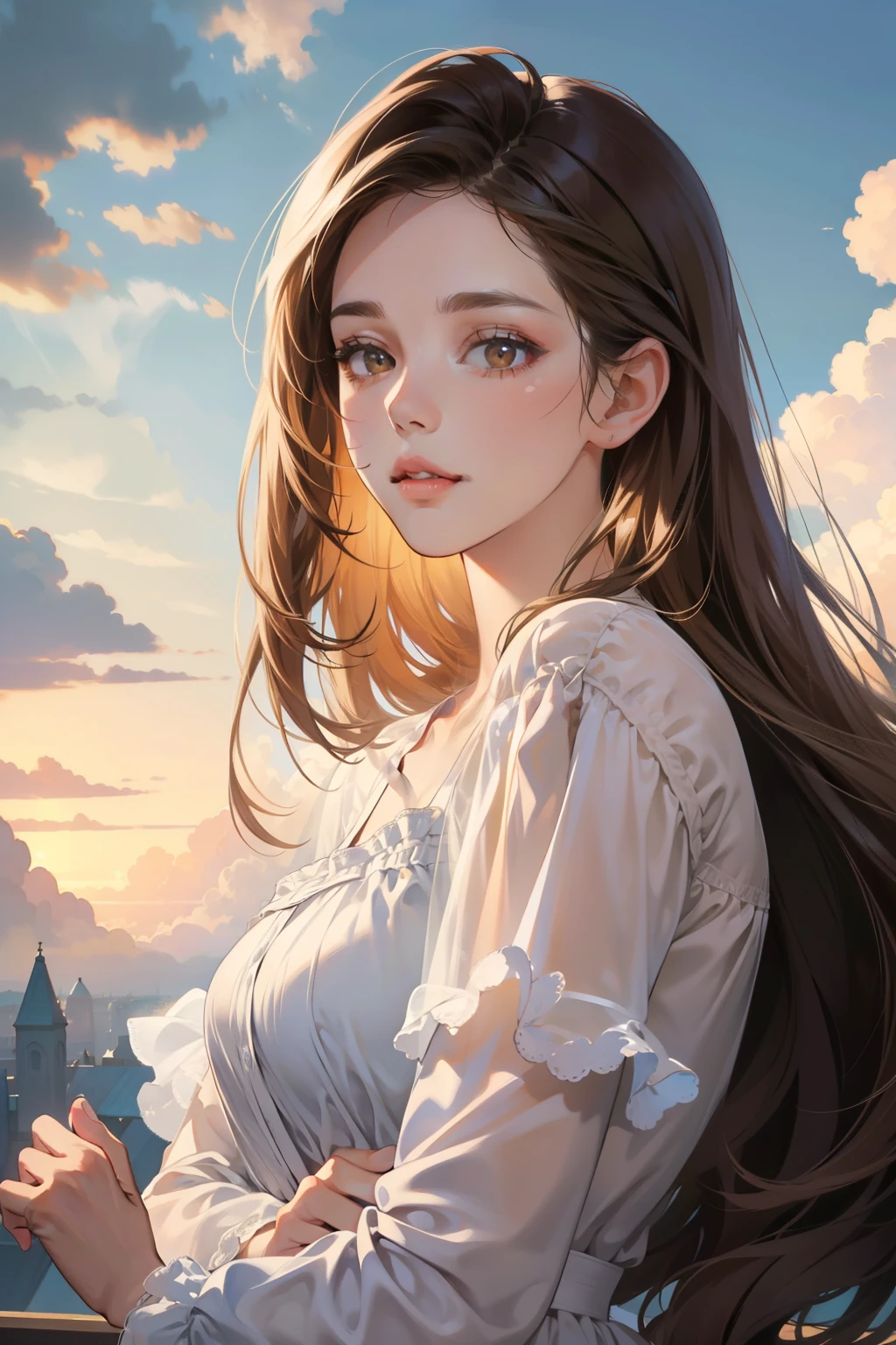 A mesmerizing love story unfolds in the ethereal embrace of the clouds. With a breathtakingly realistic depiction, every detail is meticulously captured in this masterpiece of a picture. The composition focuses on the face of a young woman, her long brunette hair cascading down as she gazes directly at the viewer with her enchanting brown eyes, creating an intimate connection. The delicate gloss on her lips adds an extra touch of realism, while the pastel colors and natural shadows lend depth and a dreamlike quality to the image. It is a true work of art, characterized by its super high resolution and unparalleled attention to detail. As the girl's lips part into a gentle smile, a hint of mystery lingers in the air, enticing viewers to delve deeper