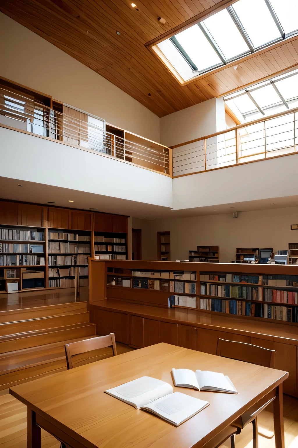daytime,simple library interior,An open book is placed on the table