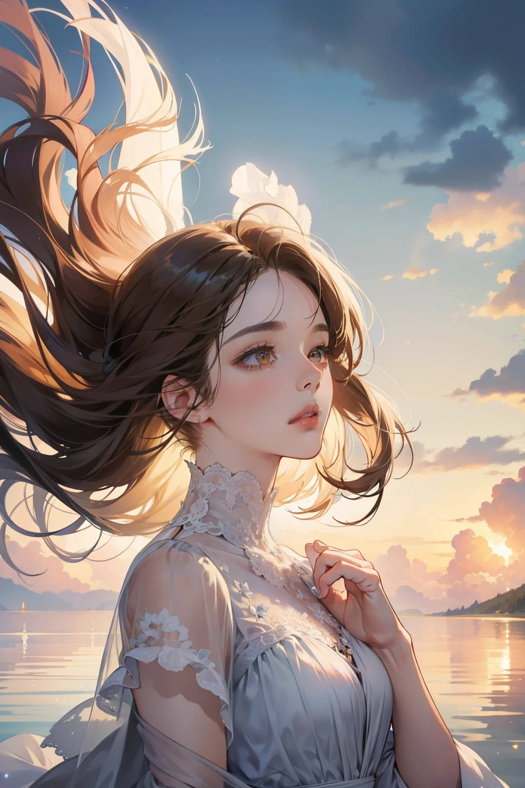 A mesmerizing love story unfolds in the ethereal embrace of the clouds. With a breathtakingly realistic depiction, every detail is meticulously captured in this masterpiece of a picture. The composition focuses on the face of a young woman, her long brunette hair cascading down as she gazes directly at the viewer with her enchanting brown eyes, creating an intimate connection. The delicate gloss on her lips adds an extra touch of realism, while the pastel colors and natural shadows lend depth and a dreamlike quality to the image. It is a true work of art, characterized by its super high resolution and unparalleled attention to detail. As the girl's lips part into a gentle smile, a hint of mystery lingers in the air, enticing viewers to delve deeper