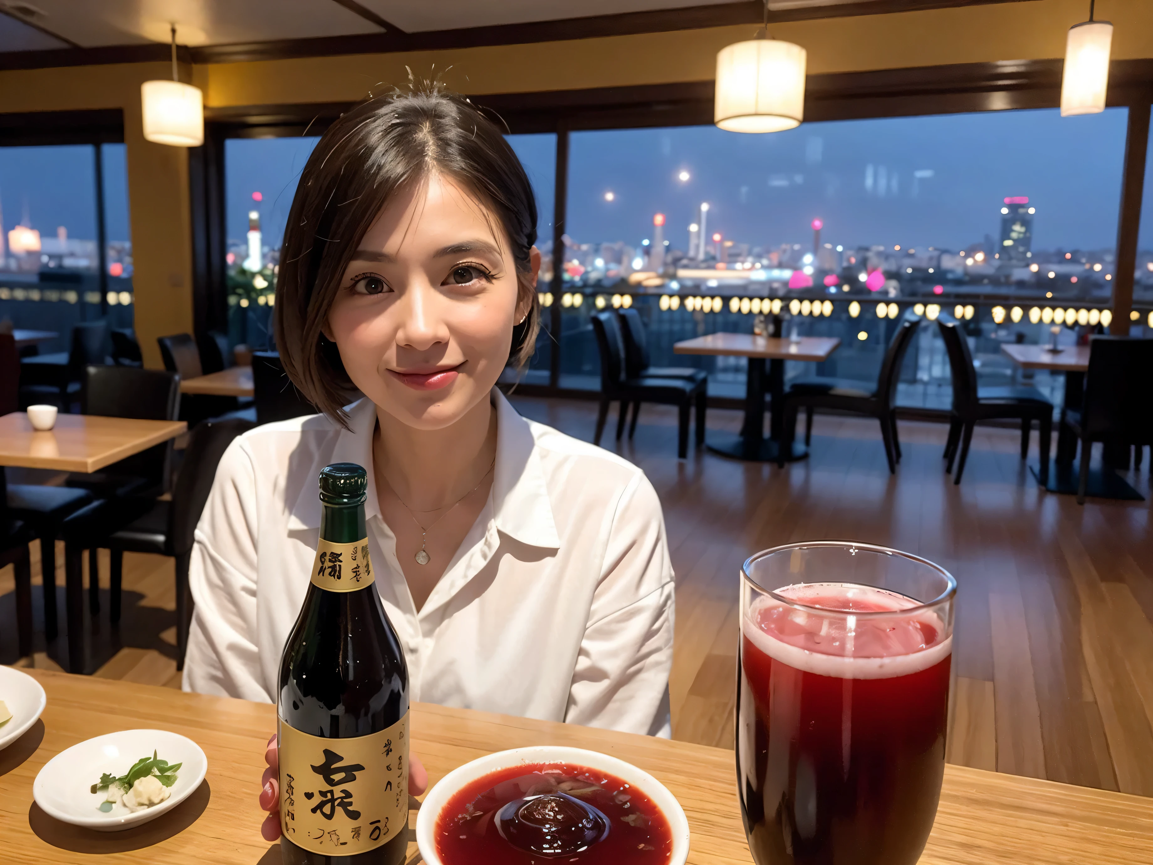 Detailed images that look like they were taken with a high-end camera、party、couple、banquet、Japan Sake Fan、I love Japanese sake、Because I&#39;m slender、Woman drinking alcohol、36 years old、38 years old、Colombia、Brazilian、Japanese、Dutch、German、Portuguese、Belgian、chiri、American、french、Spaniard、Italian、Indian、Englishman、Cut your hair short、brown hair、Beautiful woman with a glass and a cup、Sake glasses and wine glasses contain sake..、720m of Japanese sake、1.You can also see the 8L sake bottle..、There is also Choshi、adult woman in her 30s、Smiling with a beautiful smile while enjoying a drink.、The location is a hotel restaurant.、A beautiful night view of the city can be seen outside the window.、The floor is on the 1st floor、In the background you can see a man and a woman enjoying alcohol..。