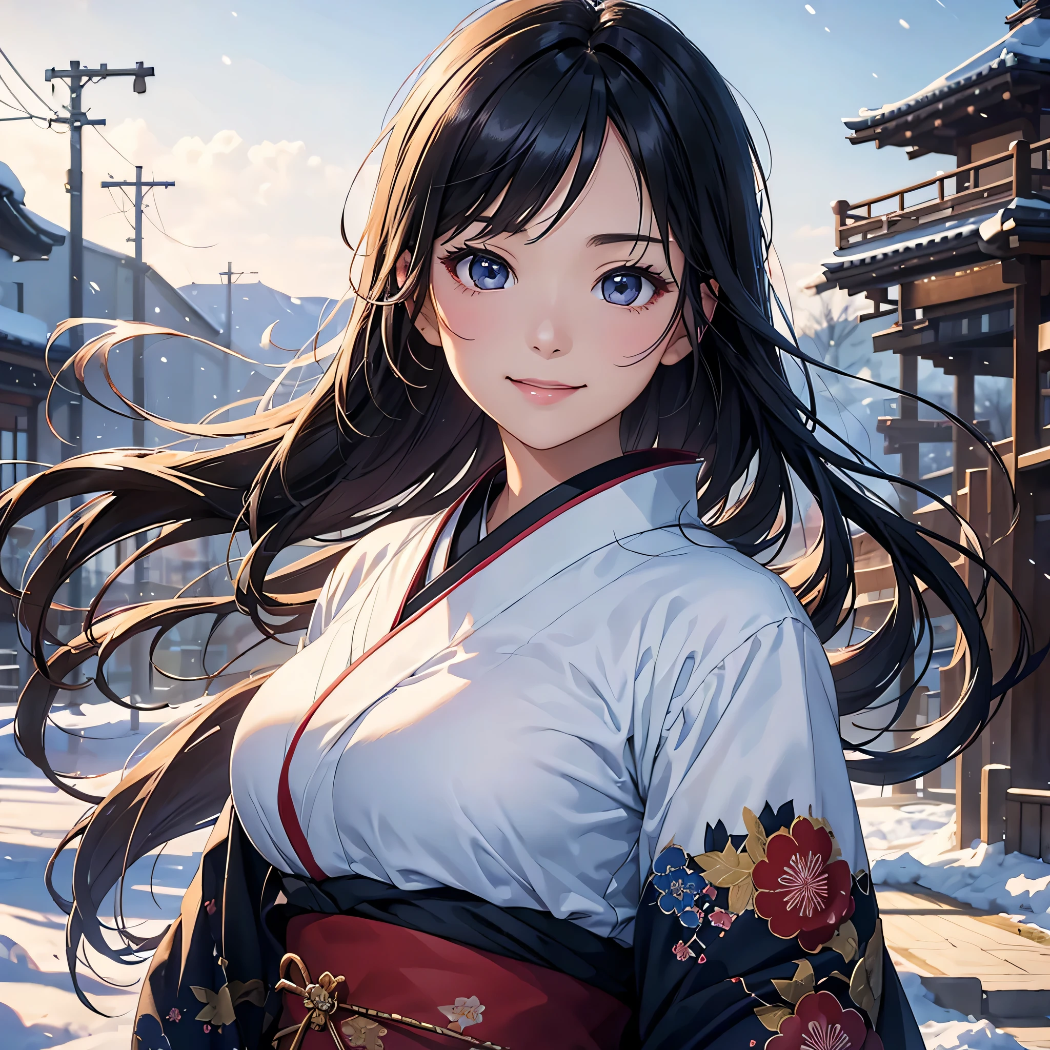 (Super beautiful woman in kimono)、((highest quality、8K masterpiece:1.3))、sharp focus:1.2、(super beautiful face:1.0)、(shiny skin:1.0)、realistic pictures、black hair、video writing、High resolution eyes and face、video writing、japanese actress、from the front、Medium chest、with a happy smile、The beauty of slender abs、whole body、wearing a kimono、In the snowy landscape of midwinter、highest grade obi