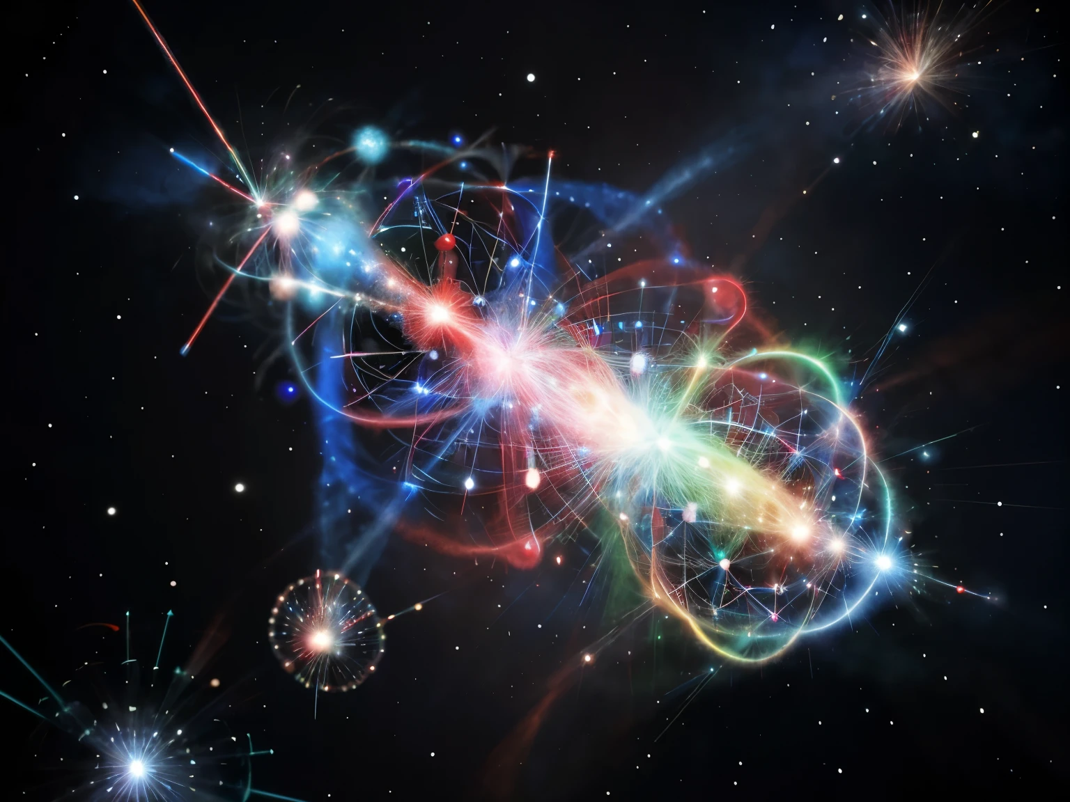 Close-up of a pair of bright blue and red objects, atoms colliding, Quantum entanglement, quantum particles, ghostly particles, holographic krypton ion, magical particles, Photon, particle, particle simulation, magic particles, particle physics, particles, nuclear fusion, particles floating, proton, electronic, particle sim, particles simulation, describe
