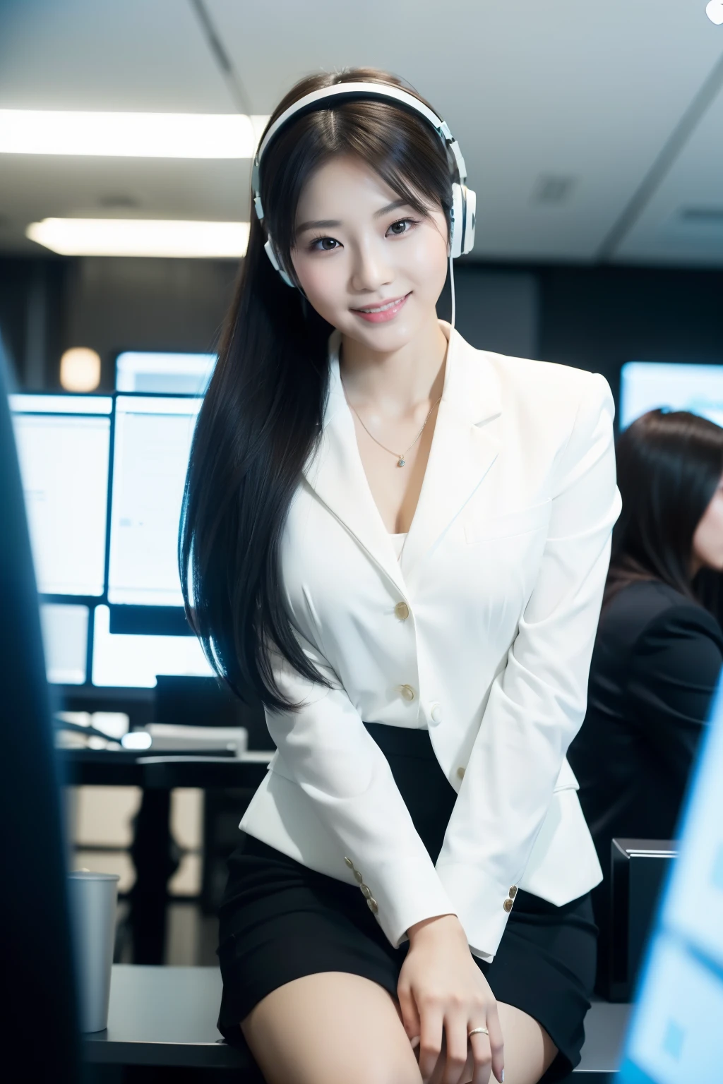 (Best Quality, Masterpiece: 1.2), Young Asian Women, Customer Service with Headphones, Perfect Skin Details, Smiling, High Ponytail, Long White Hair, Business Suit with Short Skirt, Upper Part of Body, Looking Directly at Viewer, Inside a Call Center, Elegant and Professional, During the Day, Soft Edge Lighting, Background Bokeh, 16:9 Frames, Flat Viewing Angle, Cinematic Style.
The young Asian women sit in a call center, impeccably dressed in business suits with short skirts, their smooth, perfect skin radiant under the soft edge lighting. They wear headphones and have high p