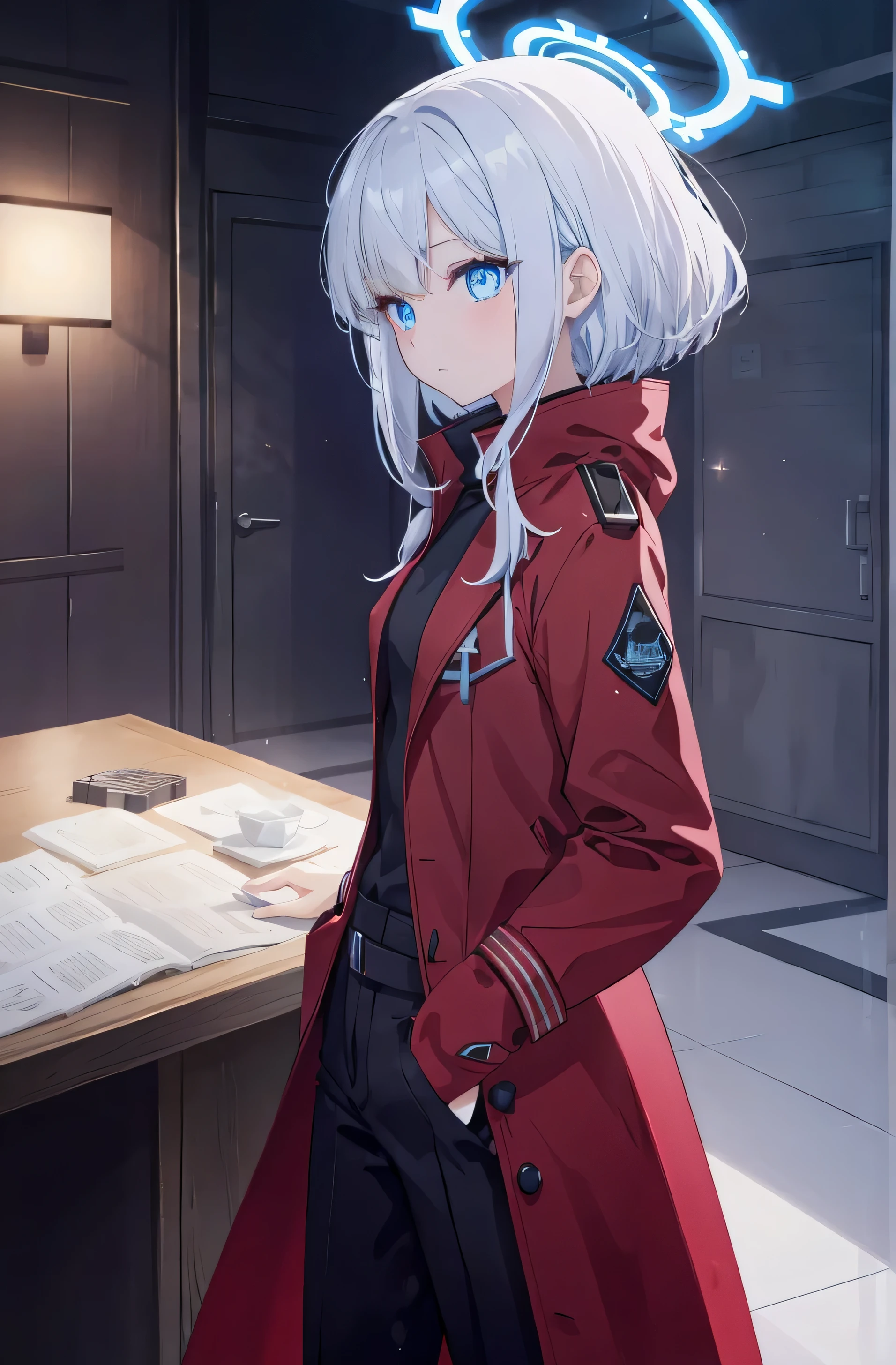 short white hair,blue eyes,There is also a blue light in the eyes,blue eyes中有白色的瞳仁,shiny pupils,female hands,normal finger,Human fingers,There is a white bracelet on the wrist,Wearing black gloves,blue aura,The aura is blue,Polyhedral pattern in halo