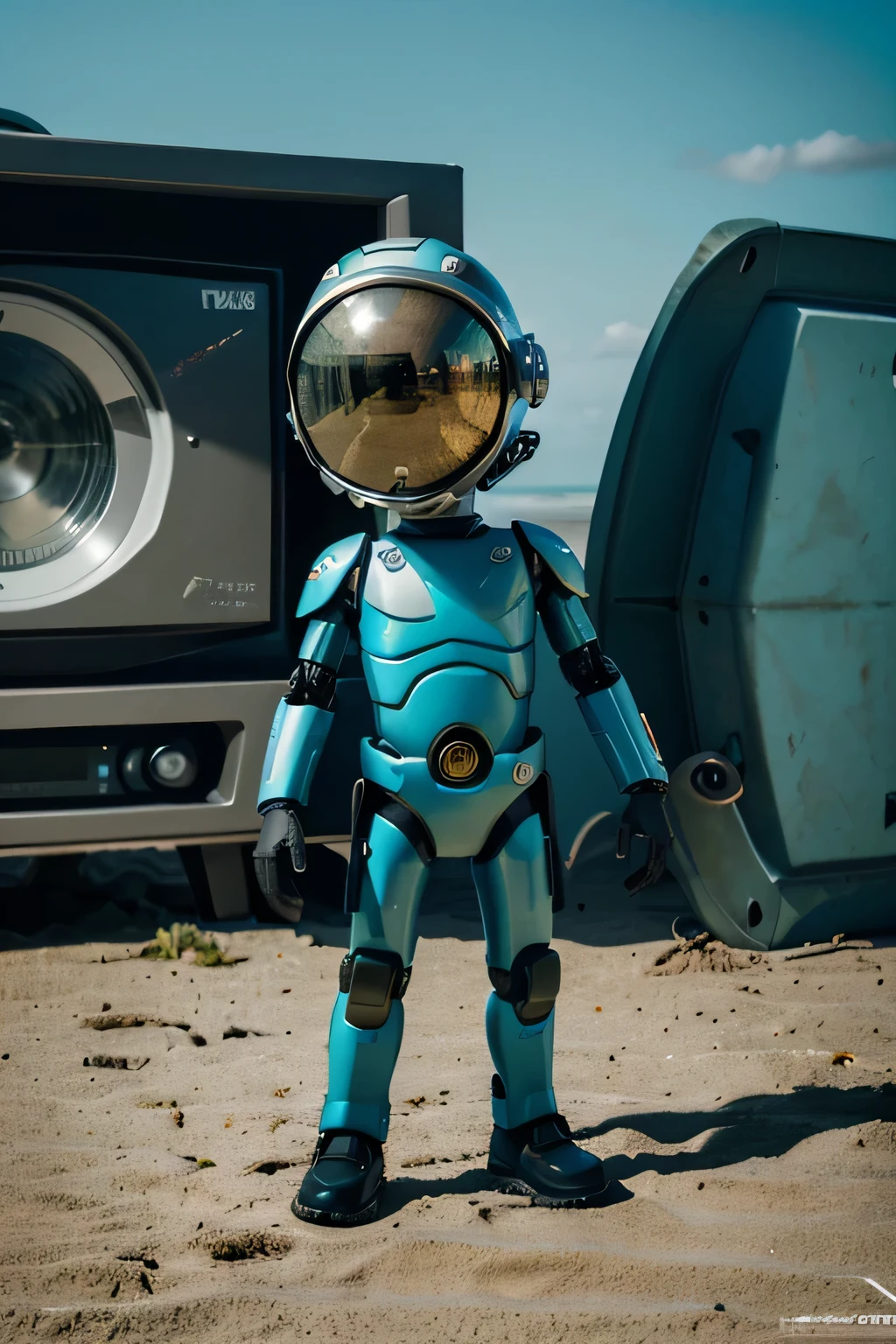 A full-body photography of really very handsome cute white short and thin blonde-haired boy. The boy is standing up straight and his body is facing forward. His eyes are sparkling. He is wearing tight short sleeve glowing orange smooth skin rubber swimsuit. He also wears thick shock collar. Behind him are two futuristic police robots which are going to arrest him.