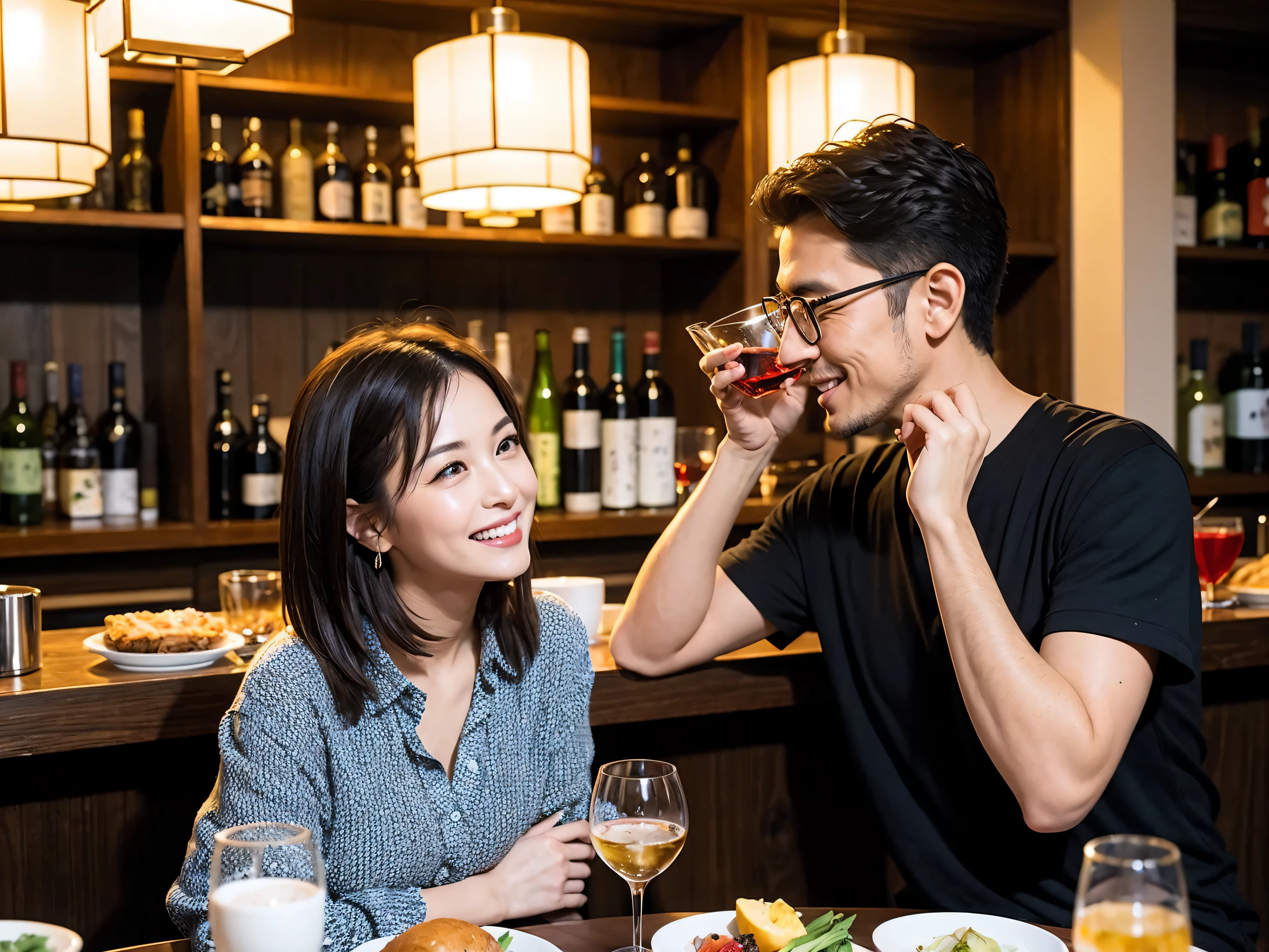 ((Highest quality、8k、masterpiece:1.3))、Slim Couple、Model Couple、(Realistic, Intricate details:1.2), full-course dinner、wine 、Amazing view of the sunset sky and clouds、A bright smile、The wonderfulness of smiles、Bright image、wineの美しさ, Beautiful Face, blue eyes, The light shines on your face, blush, short hair,Bright Face、 (Age 45), 39 years old, 赤wine 、Appetizers、Italian food、wine bottle、Champagne、スパークリングwine、Two beauties、Brown Hair、Shortcuts、Long sleeve shirt、dress、Two beautiful women