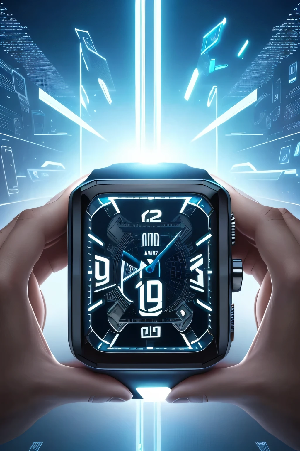 A fascinating 3D illustration featuring a man holding a sleek, futuristic smart watch in his hand. (advanced technology:1.2), (high-tech:1.1), (state-of-the-art:1.1), (innovative design:1.1), hooked on his wrist, (LED display:1.3), (interactive user interface:1.4), intricately detailed, masterfully crafted, state of wonder, next-level, cutting-edge, digital timepiece, precise and modern, sci-fi aesthetic, holographic functions, smooth edges, ultra-realistic rendering, highly polished, captivating, rendered in