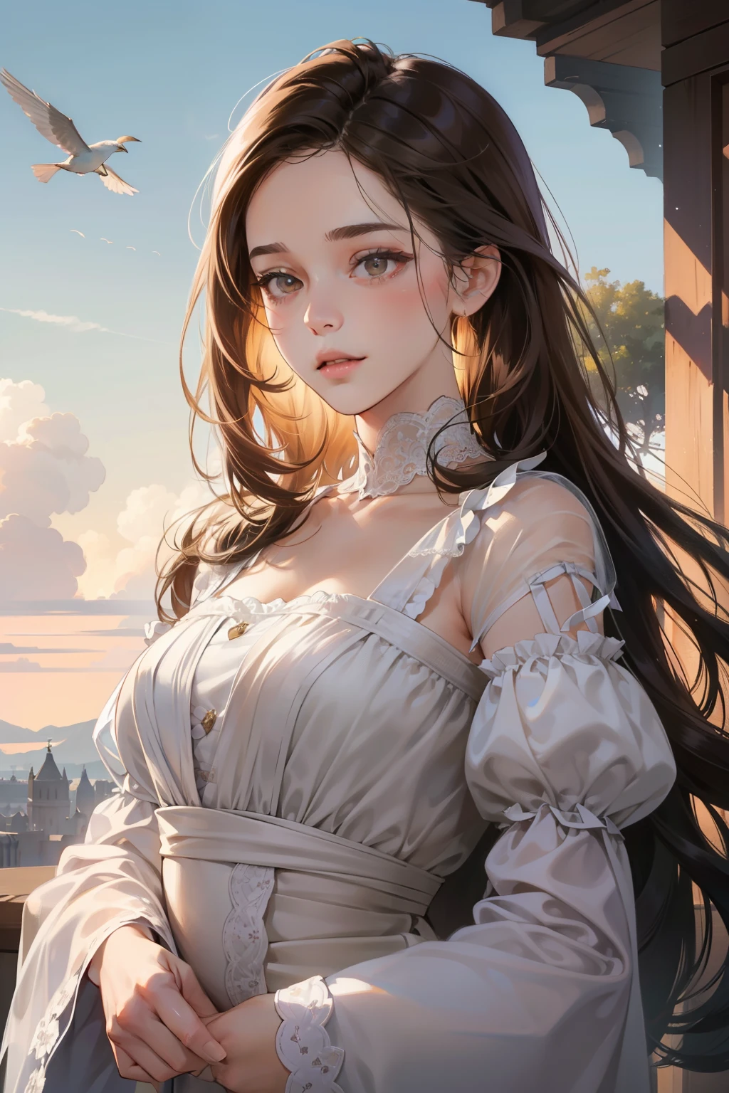 A mesmerizing love story unfolds in the ethereal embrace of the clouds. With a breathtakingly realistic depiction, every detail is meticulously captured in this masterpiece of a picture. The composition focuses on the face of a young woman, her long brunette hair cascading down as she gazes directly at the viewer with her enchanting brown eyes, creating an intimate connection. The delicate gloss on her lips adds an extra touch of realism, while the pastel colors and natural shadows lend depth and a dreamlike quality to the image. It is a true work of art, characterized by its super high resolution and unparalleled attention to detail. As the girl's lips part into a gentle smile, a hint of mystery lingers in the air, enticing viewers to delve deeper