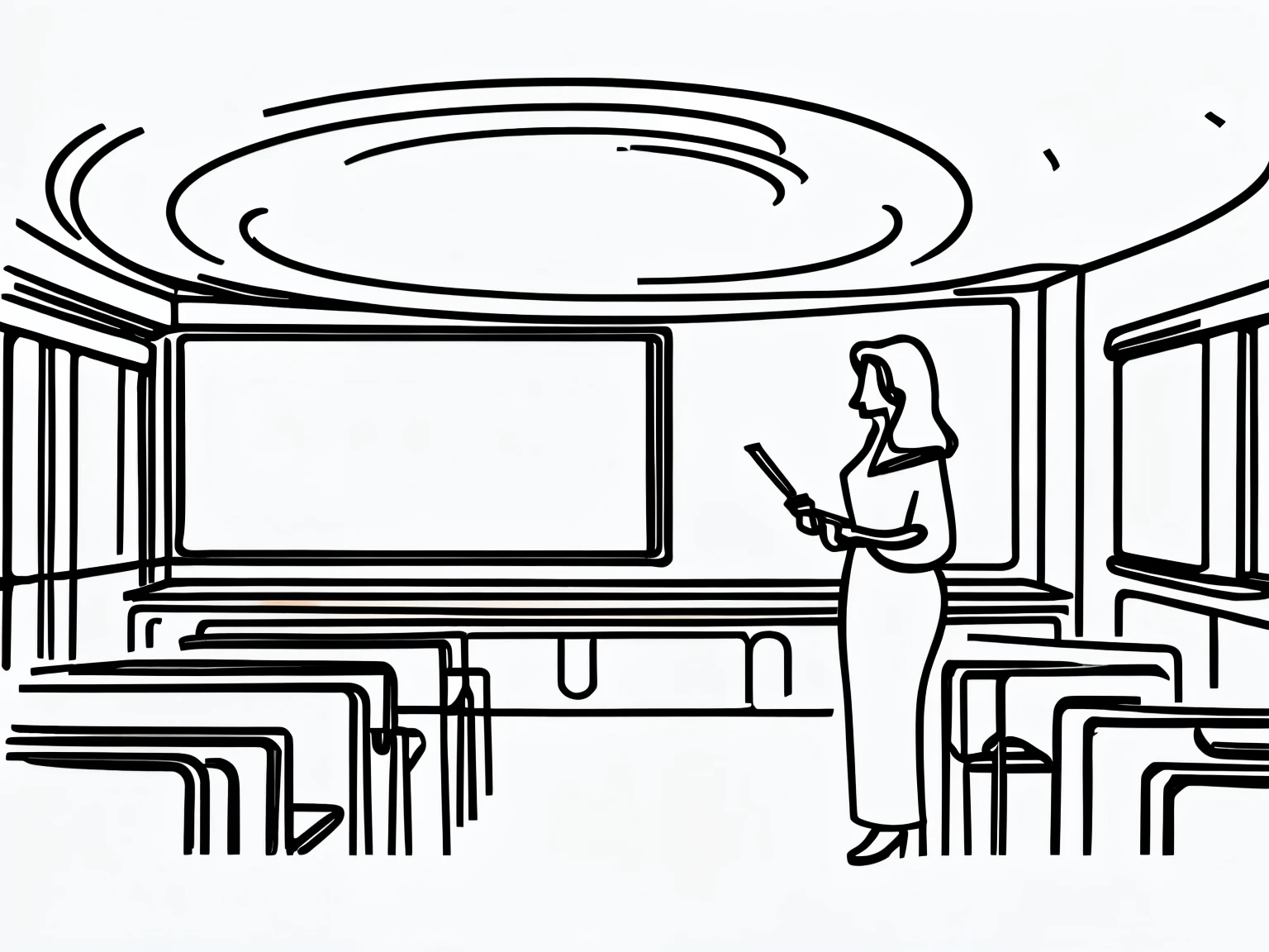 line drawing, a woman teacher stands in front of the blackboard in a futuristic university classroom, with many college students below, the classroom layout should be sci-fi, simple and plain, illustrator, no color, 