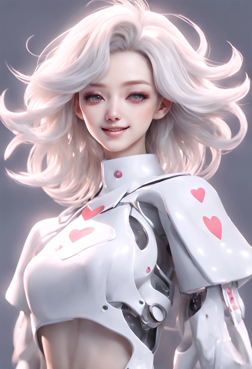 《concept art》。science and technology，Artificial intelligence AI，Virtual character design：Heart doctor，Hypnotist，Broadcast host，female，20 years old，white short hair，fluffy hair，Exquisite facial features，Beautiful makeup，Skin details，Smile。((Super realistic details)), illumination, shadow and light, octane rendering, 8k, Super sharp,Metal,complex, Accessories details,