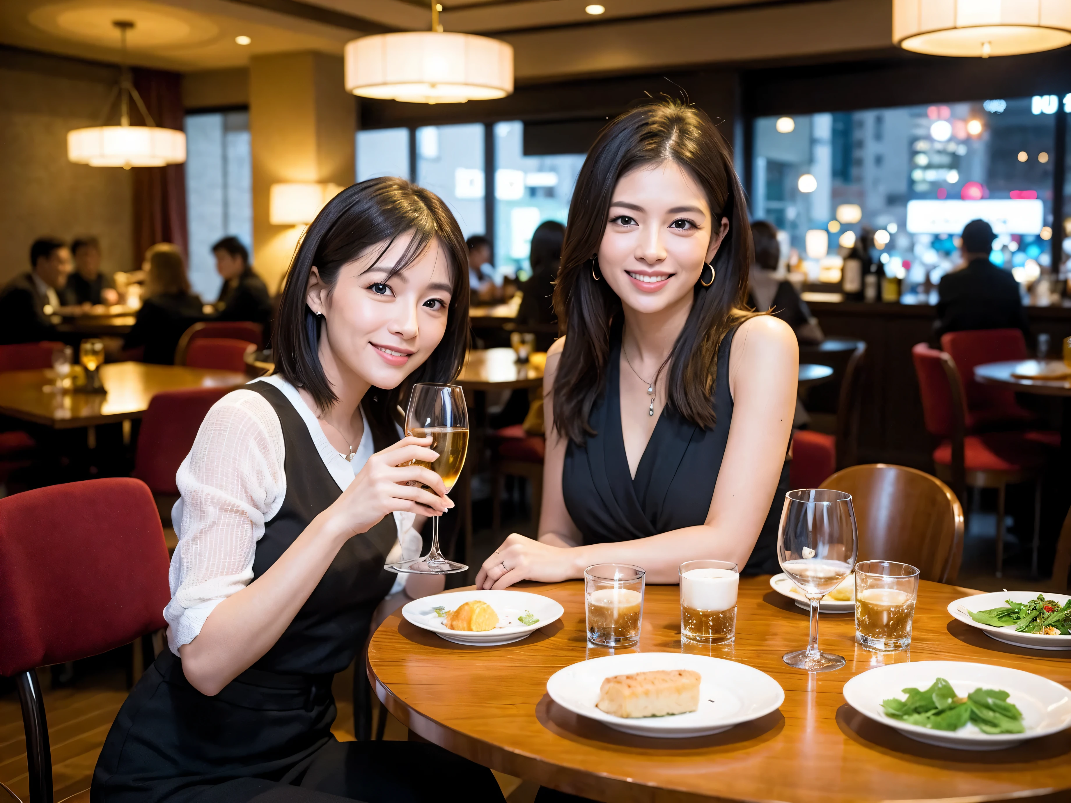 Detailed images that look like they were taken with a high-end camera、party、couple、banquet、Japan Sake Fan、I love Japanese sake、Because I'm slender、Woman drinking alcohol、36 years old、38 years old、Colombia、Brazilian、Japanese、Dutch、German、Portuguese、Belgian、chiri、American、french、Spaniard、Italian、Indian、Englishman、Cut your hair short、brown hair、Beautiful woman with a glass and a cup、Sake glasses and wine glasses contain sake..、720m of Japanese sake、1.You can also see the 8L sake bottle..、There is also Choshi、adult woman in her 30s、Smiling with a beautiful smile while enjoying a drink.、The location is a hotel restaurant.、A beautiful night view of the city can be seen outside the window.、The floor is on the 1st floor、In the background you can see a man and a woman enjoying alcohol..。