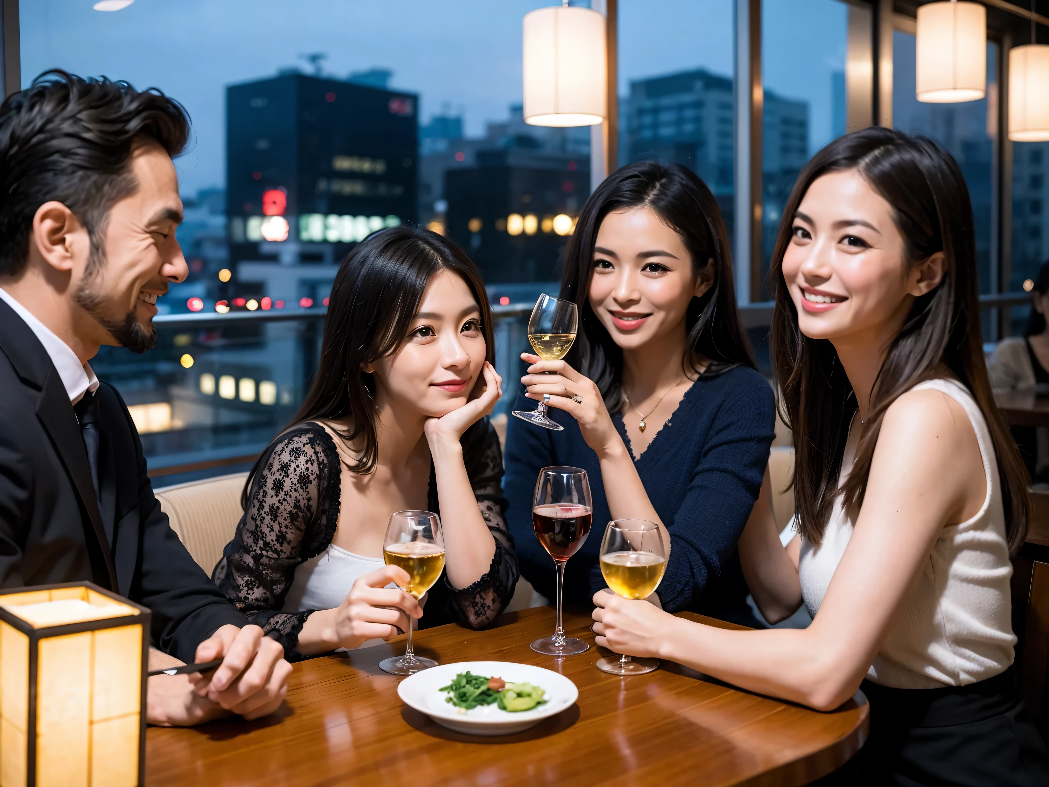 Detailed images that look like they were taken with a high-end camera、party、couple、banquet、Japan Sake Fan、I love Japanese sake、Because I&#39;m slender、Woman drinking alcohol、36 years old、38 years old、Colombia、Brazilian、Japanese、Dutch、German、Portuguese、Belgian、chiri、American、french、Spaniard、Italian、Indian、Englishman、Cut your hair short、brown hair、Beautiful woman with a glass and a cup、Sake glasses and wine glasses contain sake..、720m of Japanese sake、1.You can also see the 8L sake bottle..、There is also Choshi、adult woman in her 30s、Smiling with a beautiful smile while enjoying a drink.、The location is a hotel restaurant.、A beautiful night view of the city can be seen outside the window.、The floor is on the 1st floor、In the background you can see a man and a woman enjoying alcohol..。