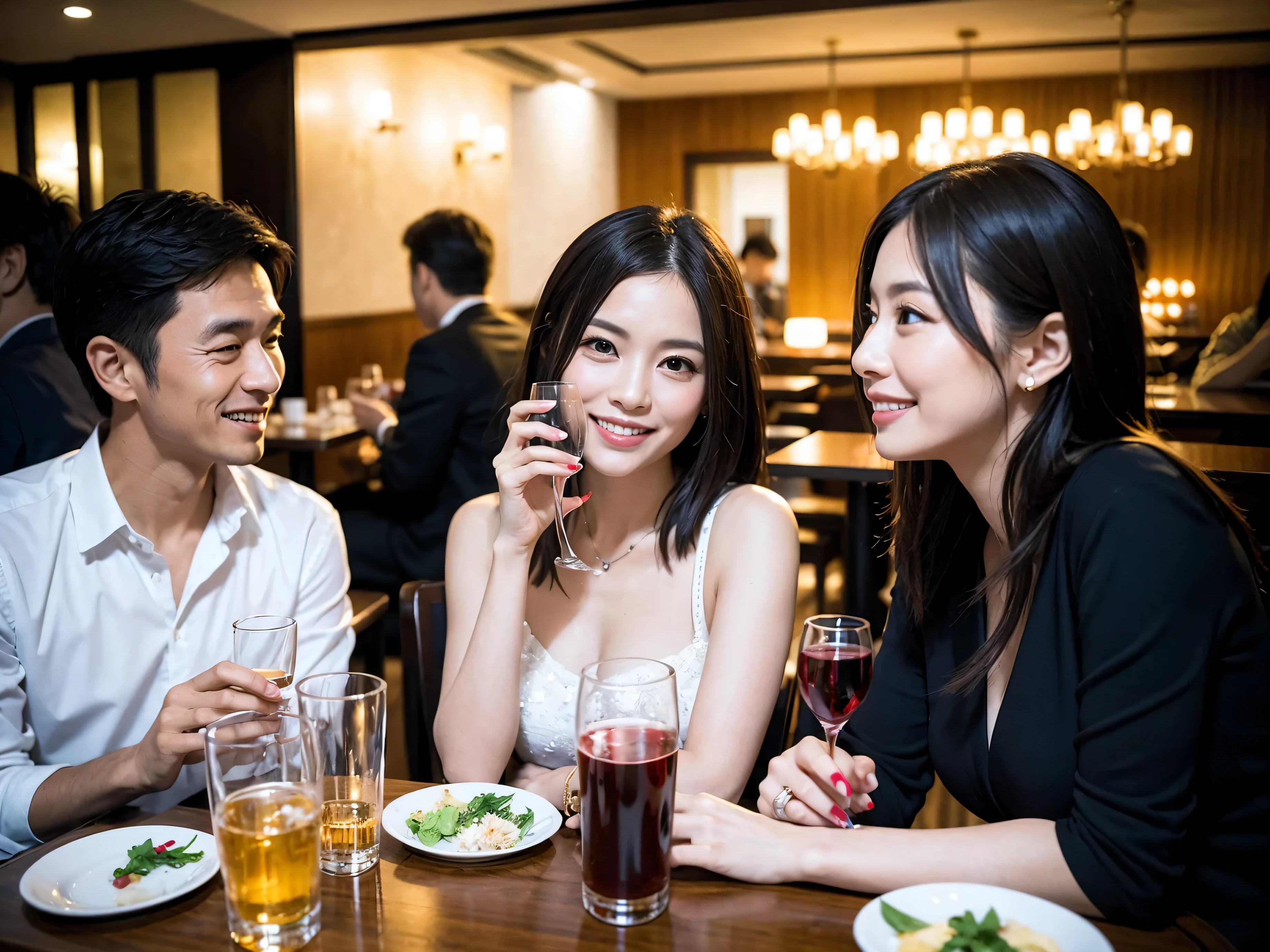 Detailed images that look like they were taken with a high-end camera、party、couple、banquet、Japan Sake Fan、I love Japanese sake、Because I&#39;m slender、Woman drinking alcohol、36 years old、38 years old、Colombia、Brazilian、Japanese、Dutch、German、Portuguese、Belgian、chiri、American、french、Spaniard、Italian、Indian、Englishman、Cut your hair short、brown hair、Beautiful woman with a glass and a cup、Sake glasses and wine glasses contain sake..、720m of Japanese sake、1.You can also see the 8L sake bottle..、There is also Choshi、adult woman in her 30s、Smiling with a beautiful smile while enjoying a drink.、The location is a hotel restaurant.、A beautiful night view of the city can be seen outside the window.、The floor is on the 1st floor、In the background you can see a man and a woman enjoying alcohol..。