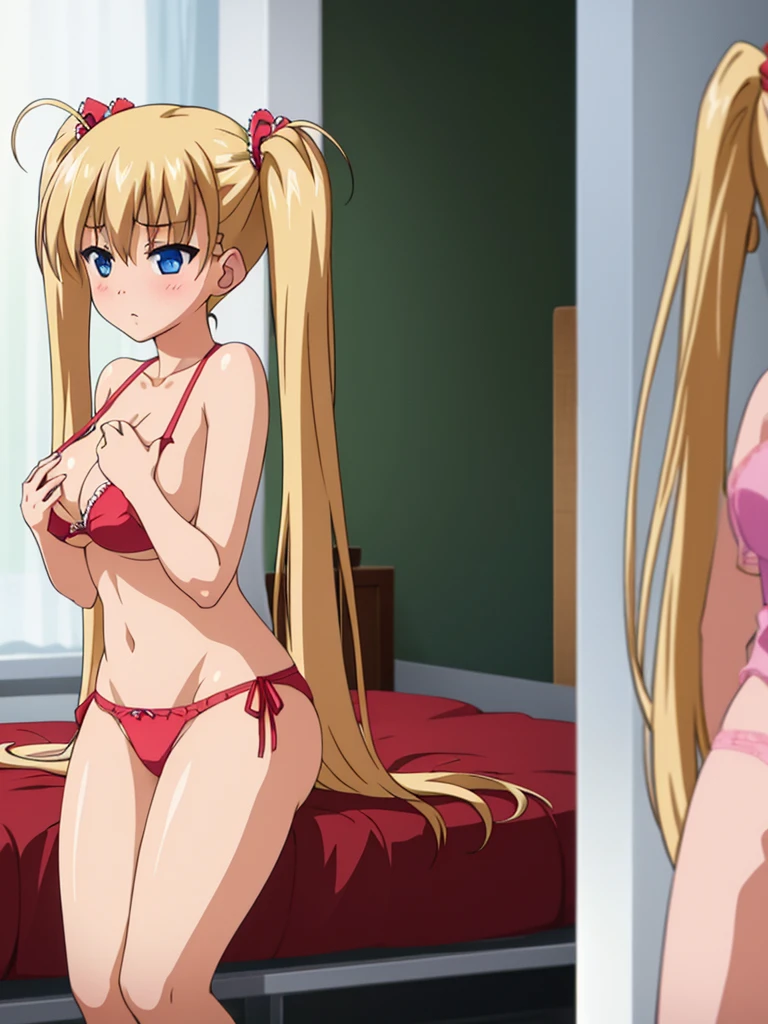 solo, 1girl, akizuki airi, blue eyes, blonde_hair, twintails, very_long_hair, she is wearing it in her hair_ornament red, hair_scrunchie red, medium_breasts, Bikini, pink bikini, full body, She is naked, wearing pink panties, no bra, bare breasts, nipples,, bed, white bed, lying down in bed, dakimakura, ranking: explicit,