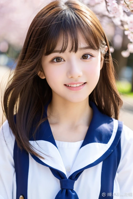 master piece,highest quality,official art,Highly detailed CG Unity 8K wallpaper,small mouth、Japanese、16-year-old girl、Like a schoolgirl,very delicate and beautiful,超High resolution,(Realistic:1.4),golden hour lighting,(Upper body),(medium long hair:0.8),(big eyes:2.0)、young face、big eyes、thin eyebrows、white teeth、double eyelid、small face、small face、droopy eyes、light brown hair、baby face、straight hair、bangs、looking at the viewer,upward glance、looking at the camera、Facing Front,smile,JK skirt,smile、small bust,sailor suit、Close-up, master piece, best quality, RAW photography, Realistic,smile, Cherry blossom trees background、incredibly ridiculous resolution, Depth of bounds written, High resolution, super detailed, small details, very detailed, highly detailed eyes and face, sharp pupils, Realisticな生徒, fix a sharp focus, cinematic lighting