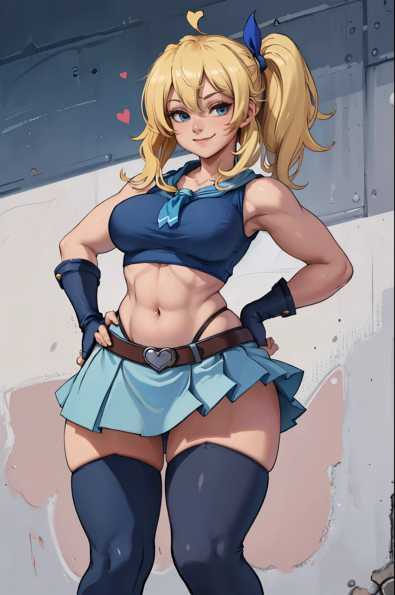 (masterpiece, best quality:1.2), solo, 1girl, lucy heartfilia, smile, looking ta viewer, hands on hips, blue sleeveless, miniskirt, thigh boots