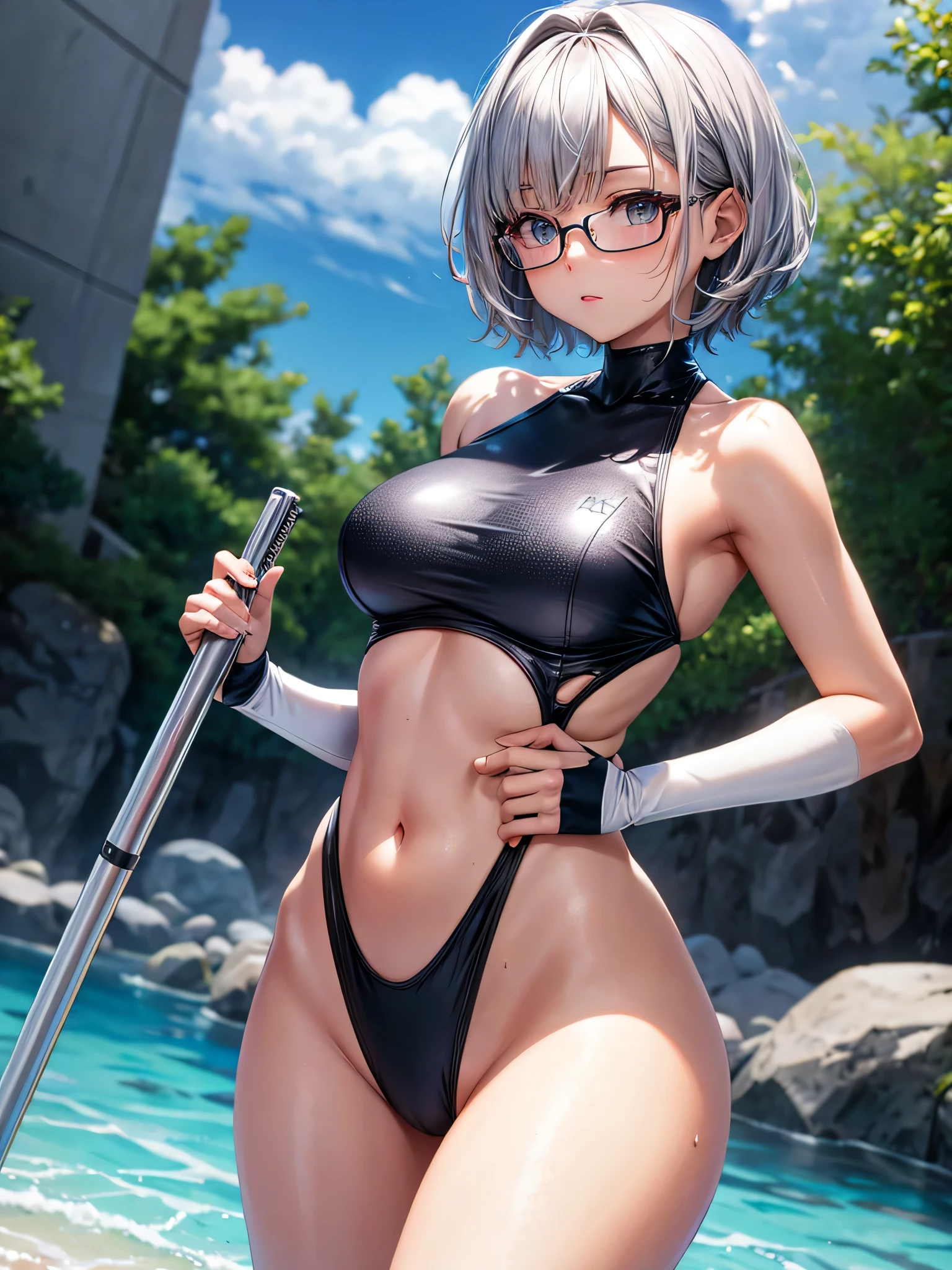 Top quality 8K UHD、Glasses、silver competitive swimsuit、silver high neck swimsuit、silver high neck swimsuit、Glasses、short hair、Glassesをかけた短髪の銀髪美女、wet skin、from the chest up、put your hand on your waist