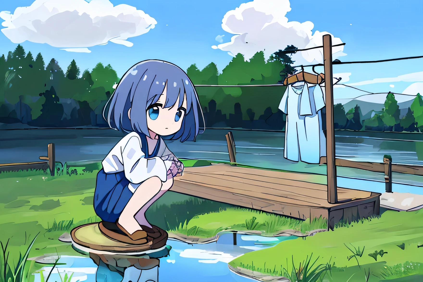 Wooden basin,clear water,Clothes were hung to dry on wires in the back,Outdoor lawn,Blue sky and white clouds