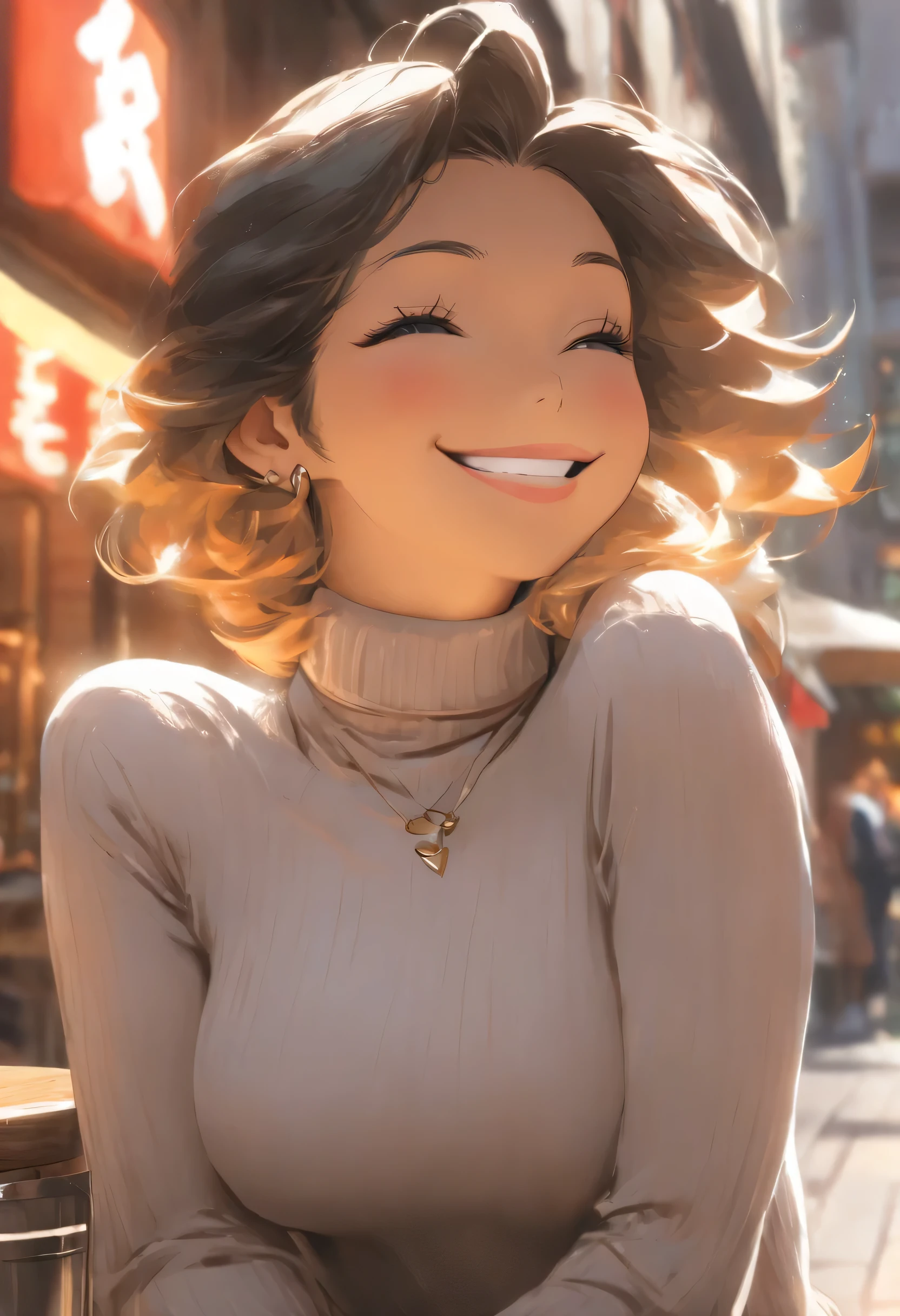 ((A mature woman sits in front of a café)),((turtleneck shirts:1.3)). 40k, Photography, Masterpiece, Best quality, dark grey background, ((Mature women, Wife, Mom, A MILF)), ((A plump chest)), Perfect face, perfect boobs, ((Breast-huge)), ((1 girl with brown eyes and gorgeous light black hair)). a Pretty Japanese woman,full soft breasts and white skin, ((very soft breasts)). Ultra-detailed face, Detailed eyes, Embarrassed, Smile, Summer, Daytime, (((Slave collar))), Half body, dated