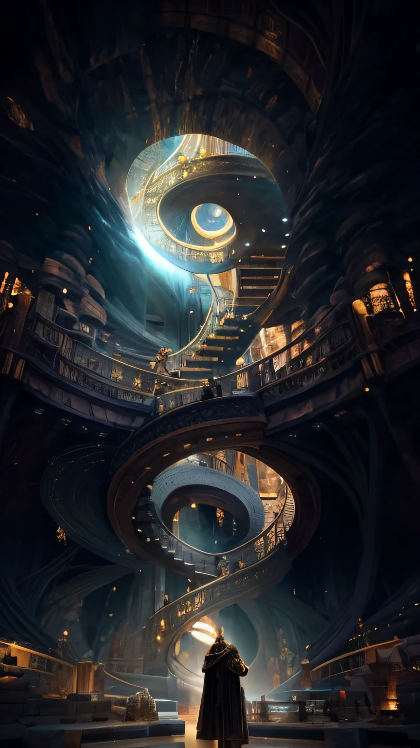 A tall man stands in front of a huge Bronze statue,cave cave,antique bronze spiral frame,Infinite celestial bodies,Samsung heap,Jinsha Ruins,Portrait Bronze statue,Bronze Divine Tree,Bronze statue,Sense of religion,solemn