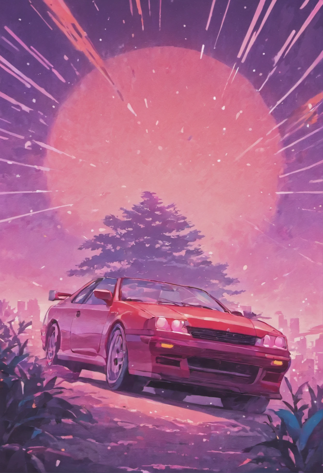 A car at sunset, vaporwave style, neon style, smooth lines, Vector sticker art, vector kernel, intricate details, black and white strokes, vector style, 8k