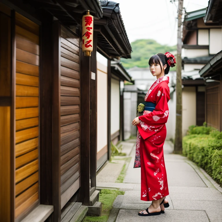 Arad woman in kimono stands on the wall, Complex, hakama kimono, kimono, wearing a haori, What I'm wearing, Red kimono, layers of clothing, Hanfu, Classic kimono, japanese kimono, Complex芸者の着物, red and gray only, clothes from the future, wearing a kimono, generally, 傷んだkimono