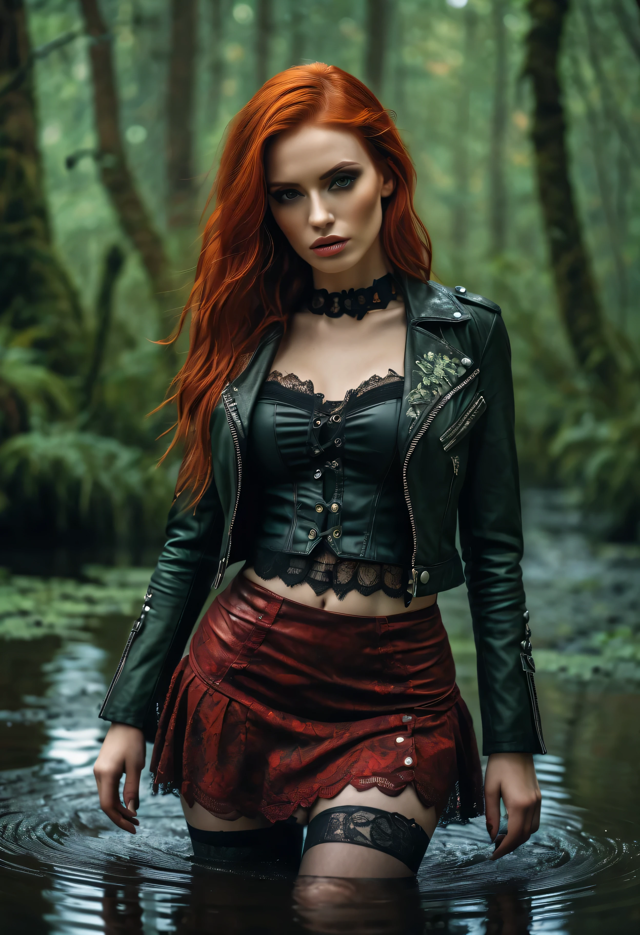 (red-haired tormented by lust woman,woman with red hair,woman with beautiful red hair, shabby+old leather jacket,stockings with detailed garters, ultra detailed exquisite skirt, ultra lace gothic crop top,drown in a swamp,swampy environment,green and murky water)(best quality,4k,8k,highres,masterpiece:1.2),ultra-detailed,(realistic,photorealistic,photo-realistic:1.37),HDR,UHD,studio lighting,ultra-fine painting,sharp focus,physically-based rendering,extreme detail description,professional,vivid colors,bokeh,swampy colors,moody lighting